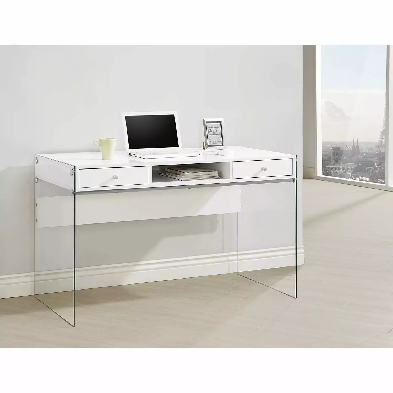 BenJara Contemporary Metal Writing Desk Glass Sides Clear And White Modern Design Convenience Concepts