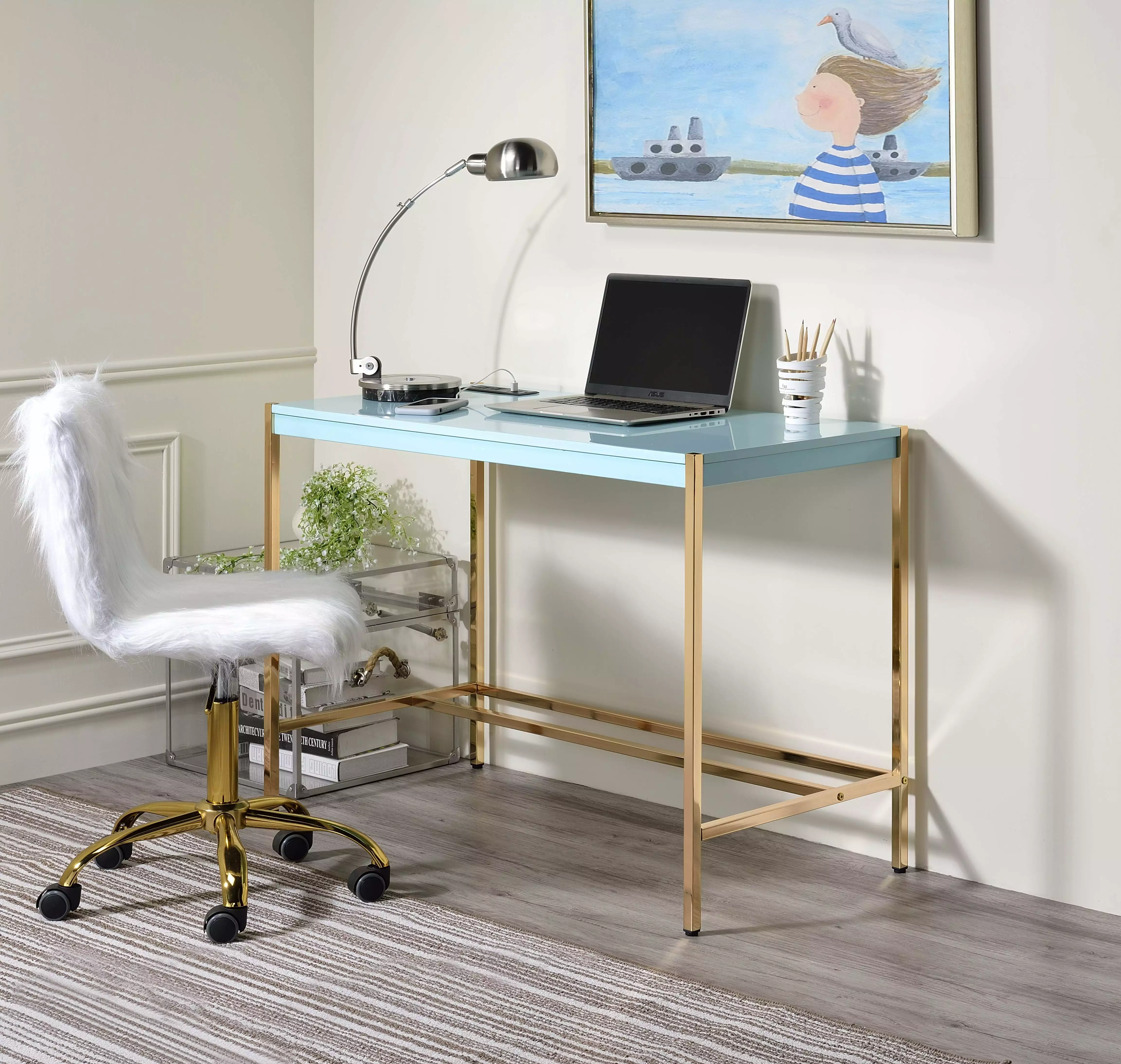 CoSoTower Baby Blue and Gold Writing Desk USB Port Modern Office
