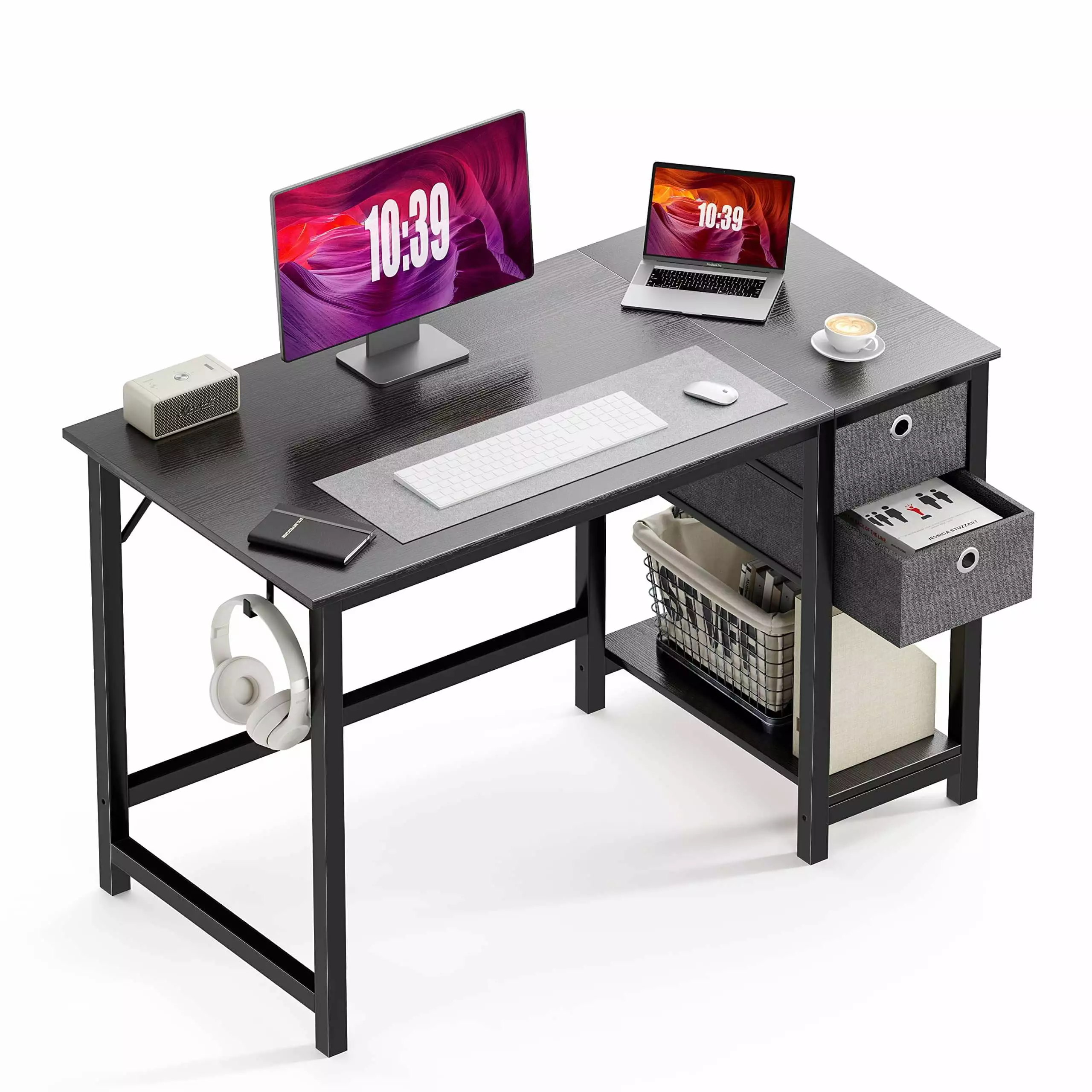 CoSoTower Modern Simple Style Home Office Writing Desk 2-Tier Drawers Black Wood