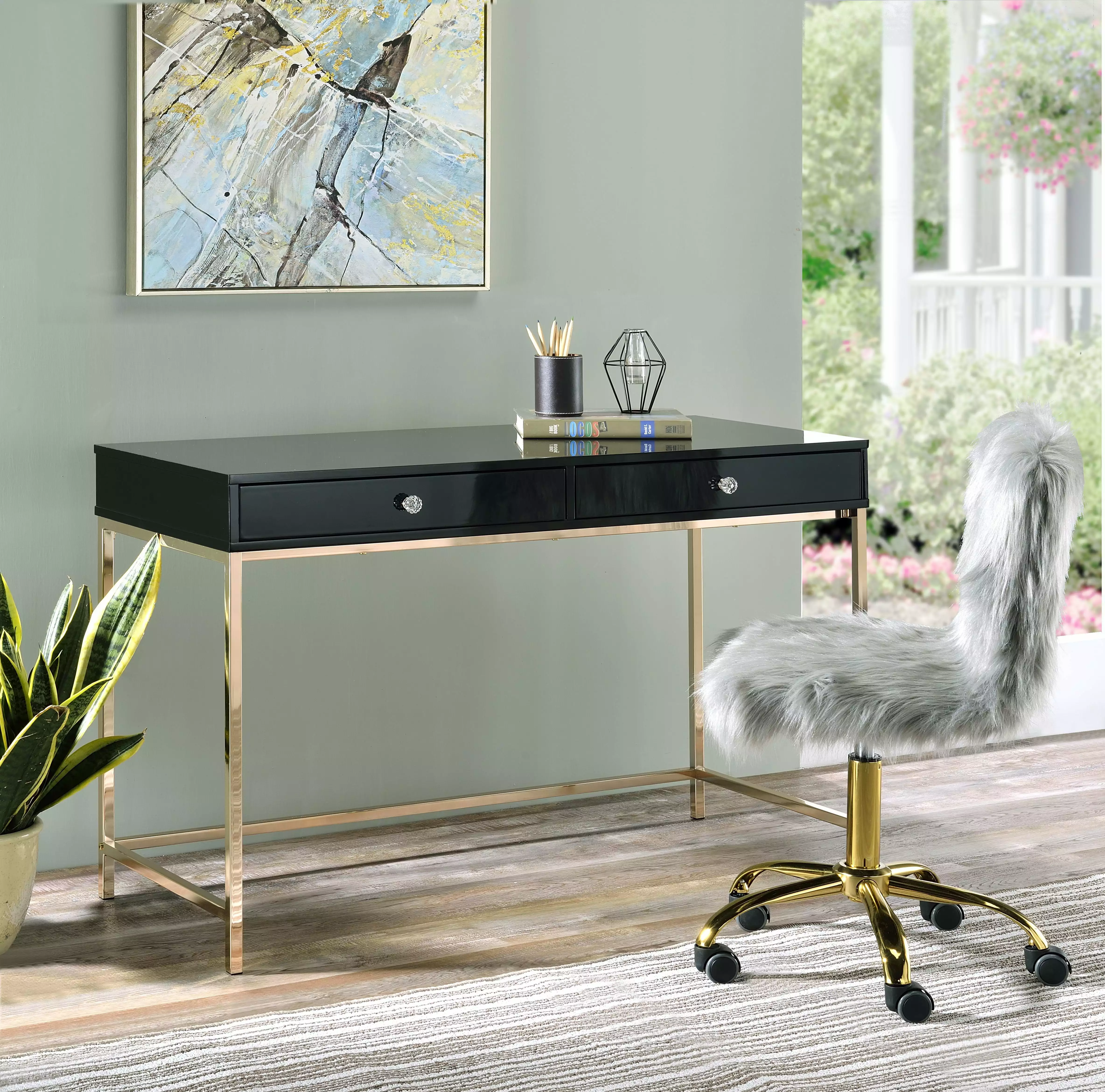 CoSoTower Writing Desk Black High Gloss Gold Finish Contemporary Office Furniture