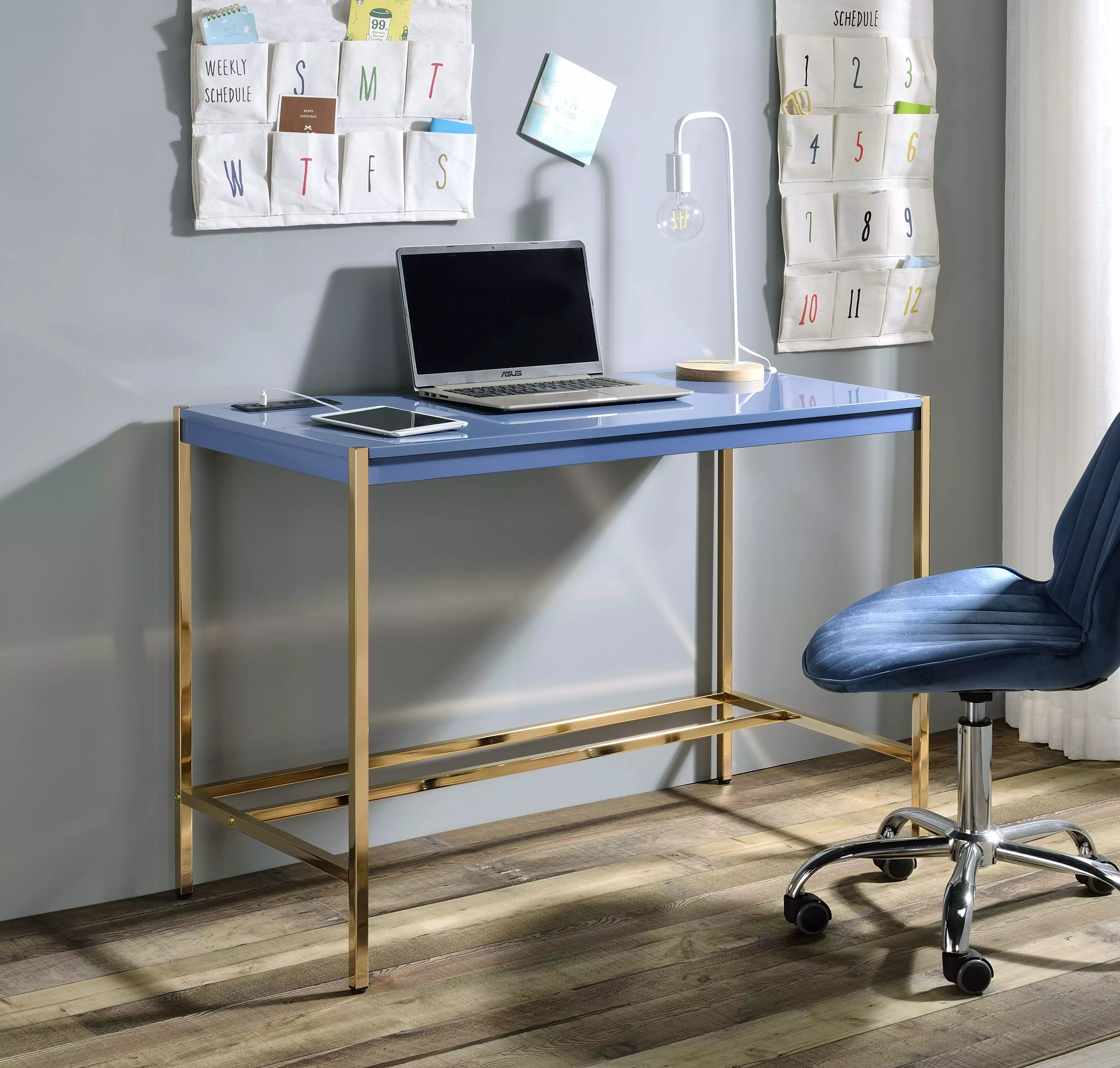CoSoTower Writing Desk USB Port Navy Blue and Gold Finish Modern Office