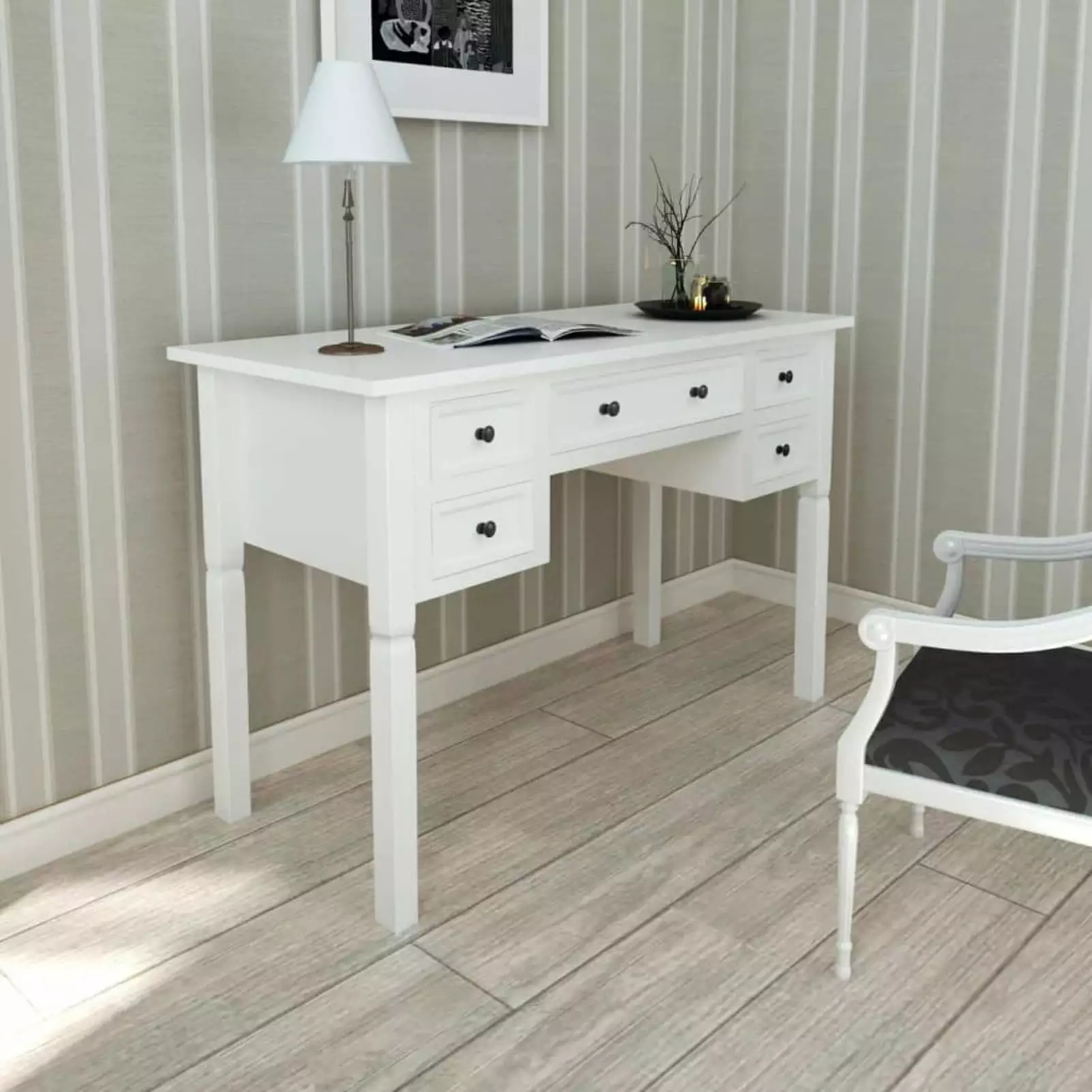 Dcenta Writing Desk 5 Drawers White Modern Home Office