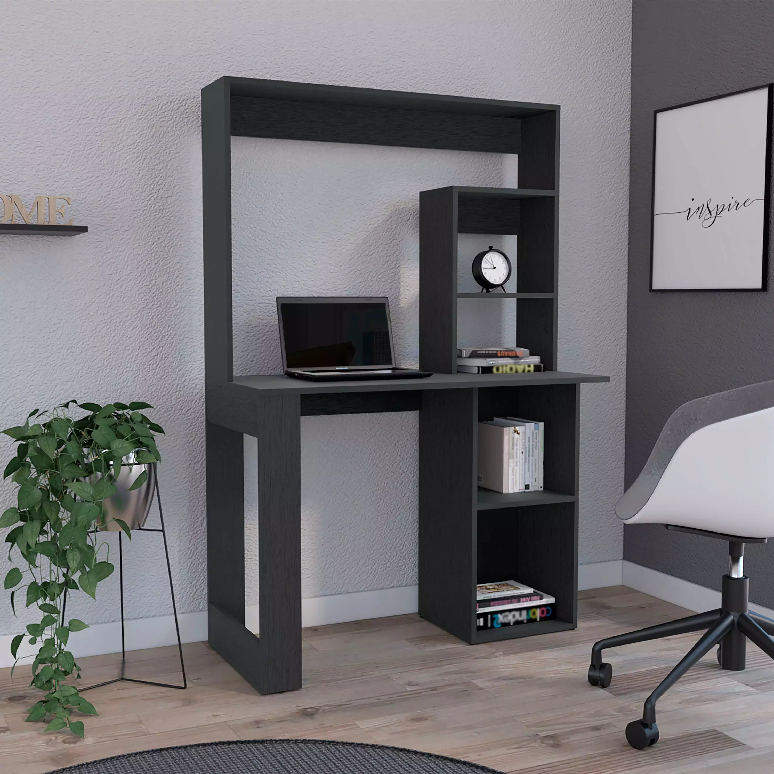 DeeHome Ethel Black Writing Computer Desk Storage Shelves and Hutch, Modern Home Office Workstation