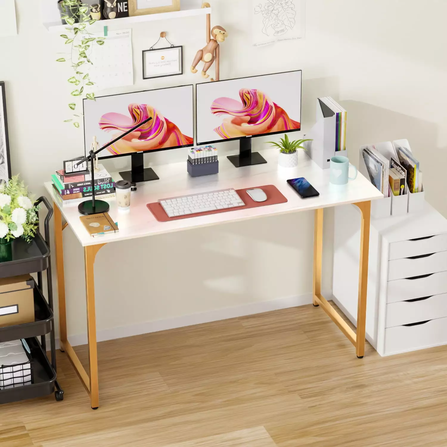 Dkelincs 48 inch Large Computer Desk Writing Desk Wood Top Metal Frame PC Laptop Table Gold