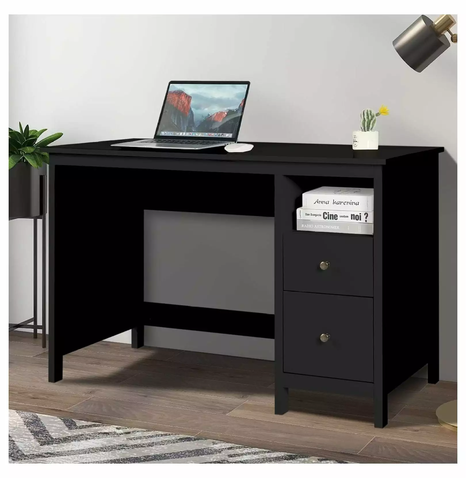 Drevy Writing Desk Storage Cabinet 47.2 Black Modern Wood Home Office Computer Desk File Drawers