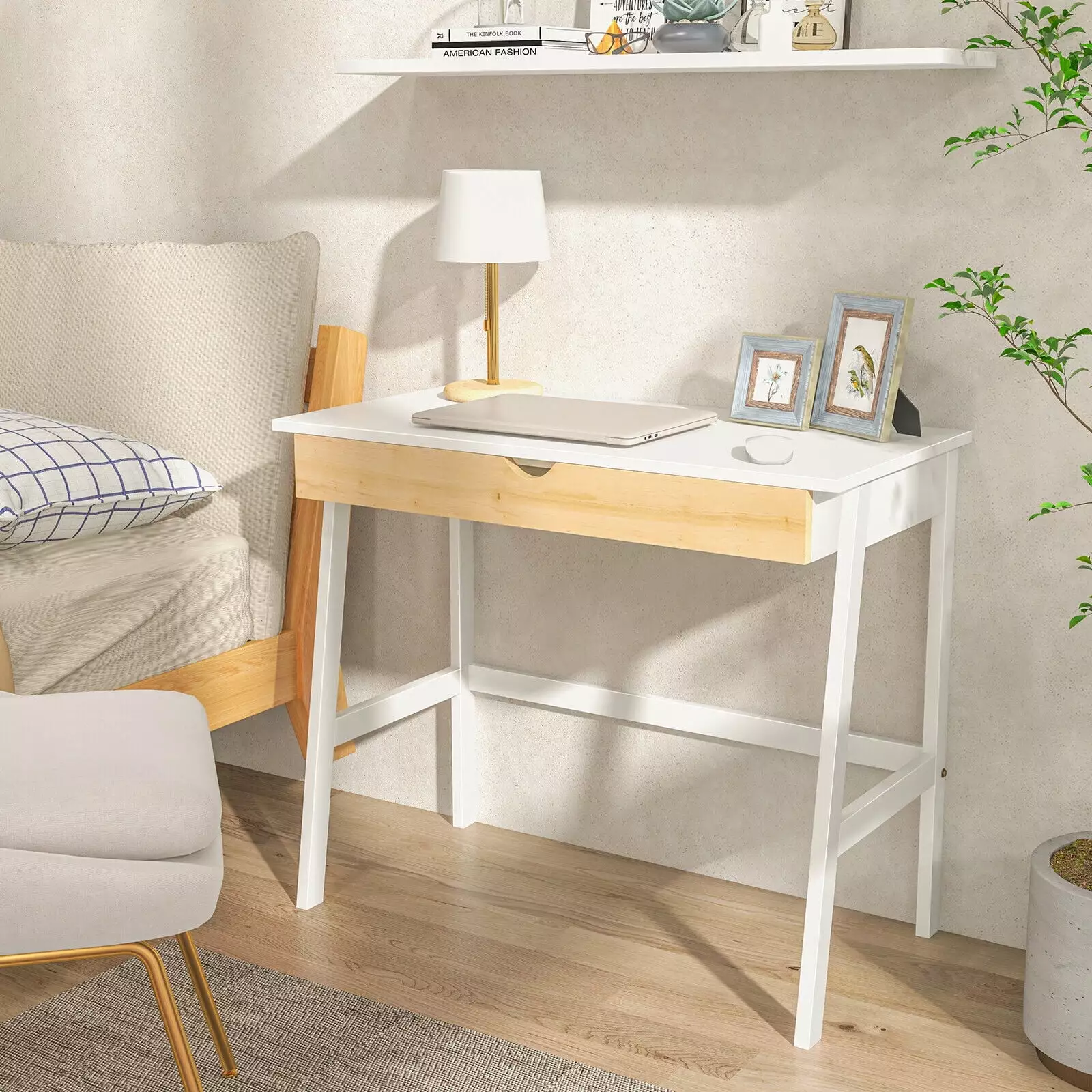 Exdeerjoy White Modern Wooden Computer Desk Large Drawers and Rubberwood Legs