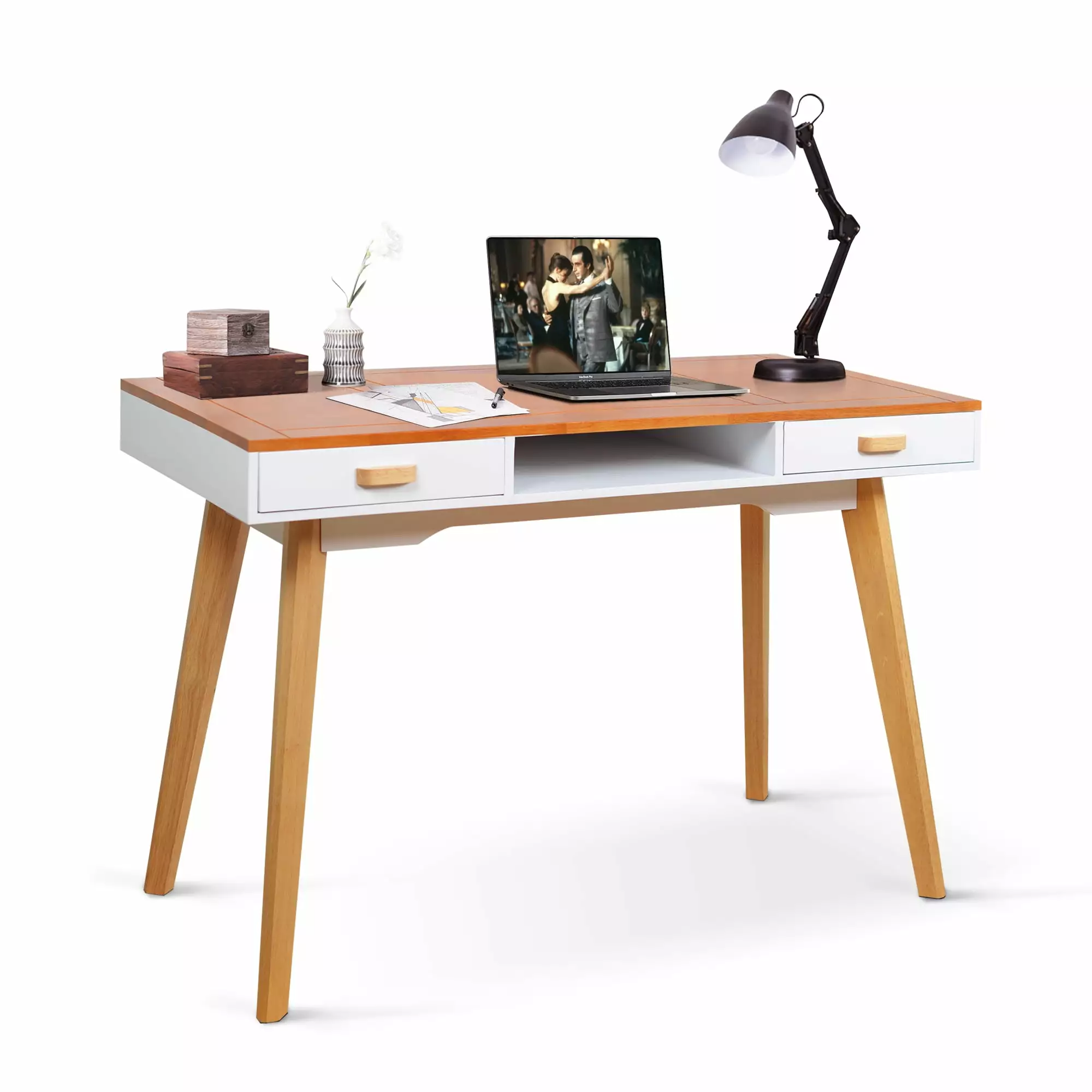 Facilehome Solid Wood Writing Desk 2 Drawers Modern White Computer Desk Bedroom