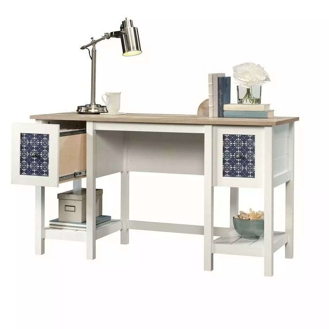 FarmHouse White Blue Oak Top 2 Drawer Office Writing Desk Made USA Fast Furnishing