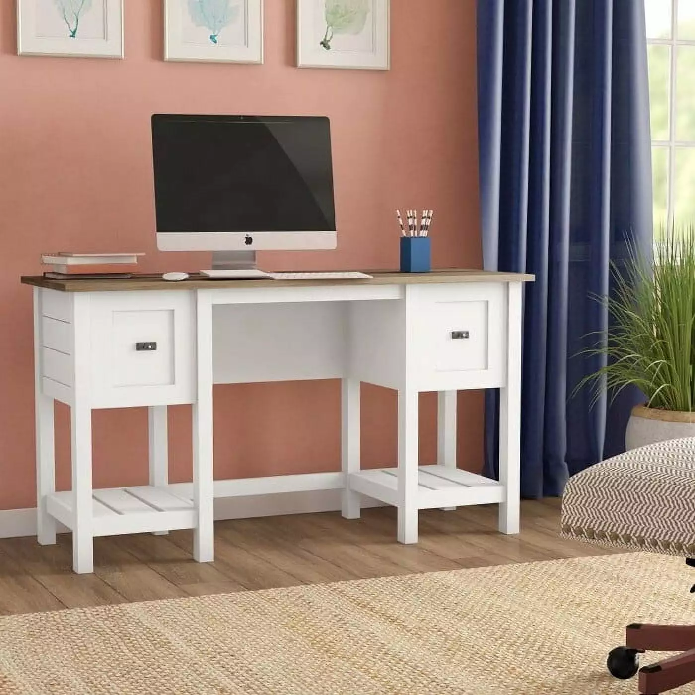 FarmHouse White Oak Top 2 Drawer Office Writing Desk - Made USA - Solid Wood Desk Fast Furnishing