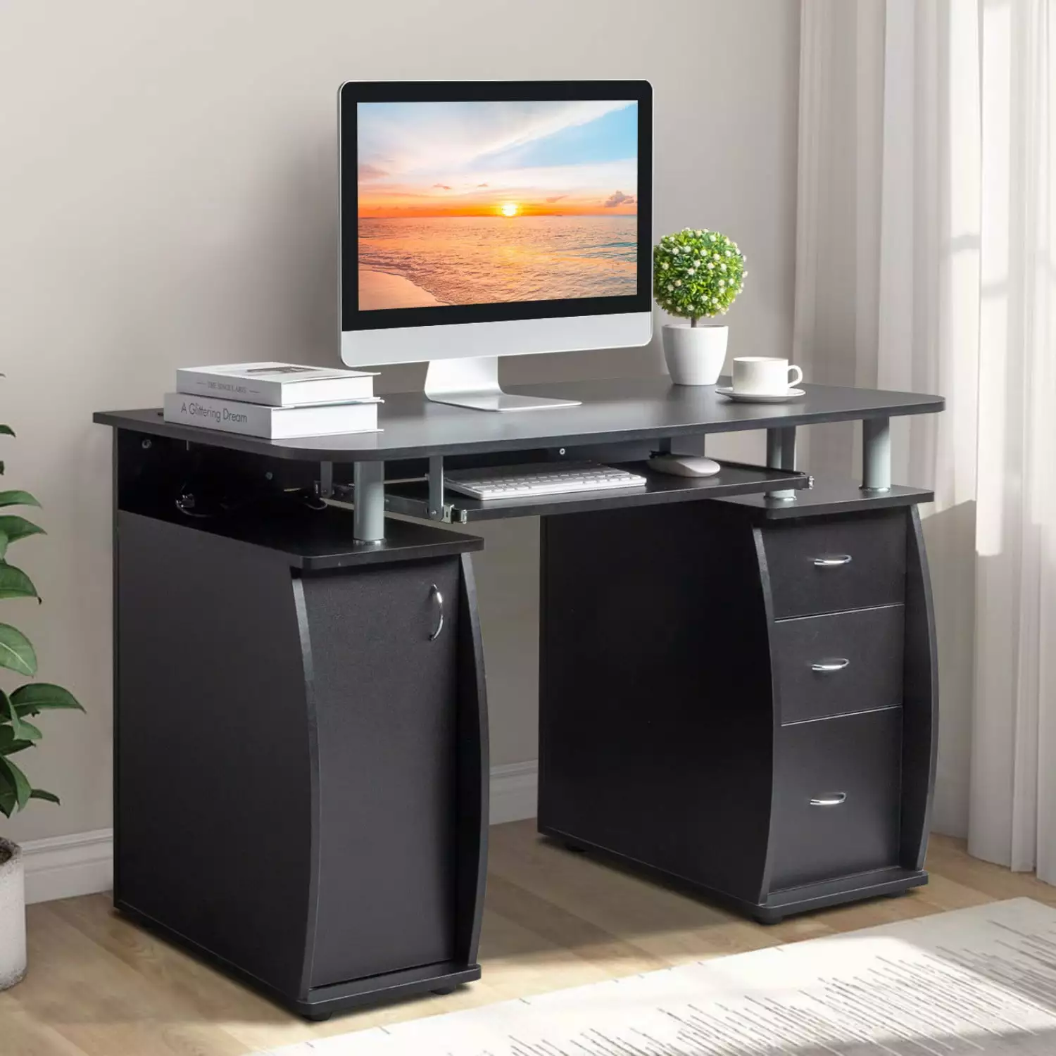 Winado Computer Desk Wireless USB Charging Study Writing Desk Home Office Workstation 3 Drawers Black FCH
