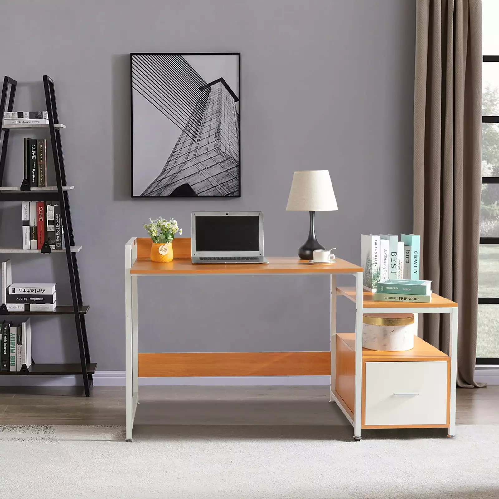 Zimtown Computer Desk Storage Shelves Modern Writing Table USB Wireless Charging Port & Power Outlet Home Office Workstati...