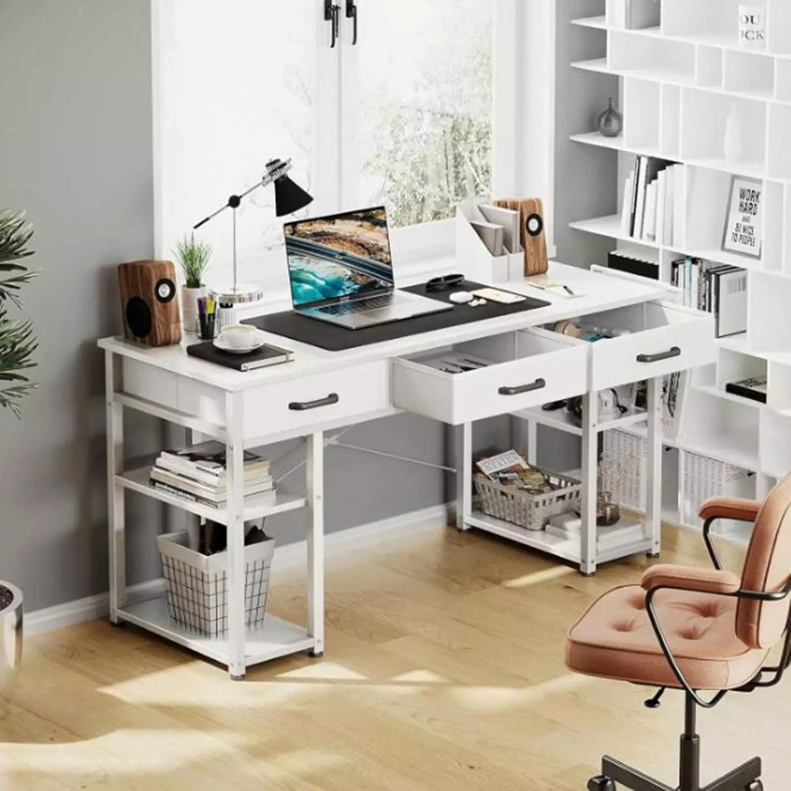 FHWM-C 48 Inch White Modern Home Office Desk Drawers Workspace