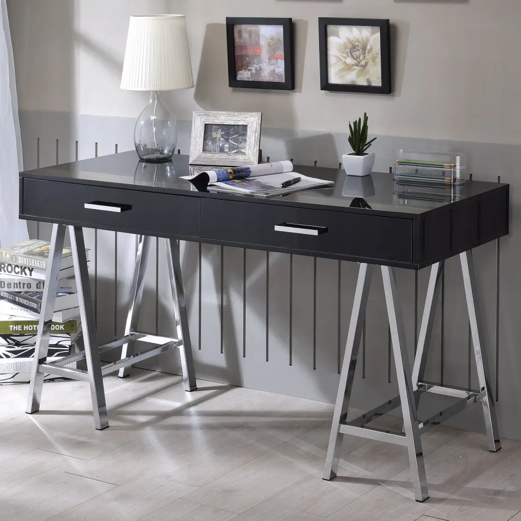 Black High Gloss and Chrome 2 Drawer Writing Desk - Black Silver Modern Office Desk furniture max