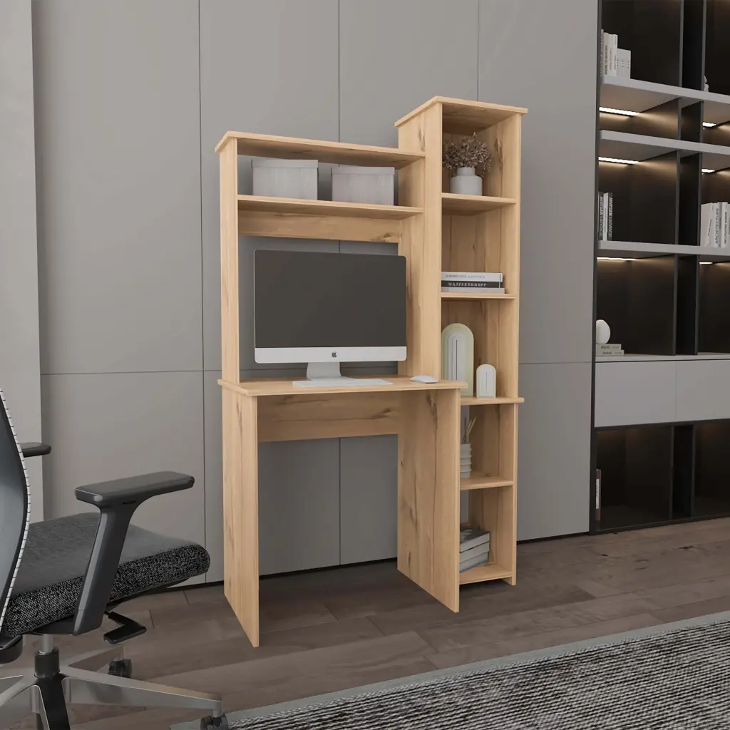 Light Oak 6 Shelf Writing Desk Built Bookcase Modern Office Desk furniture max