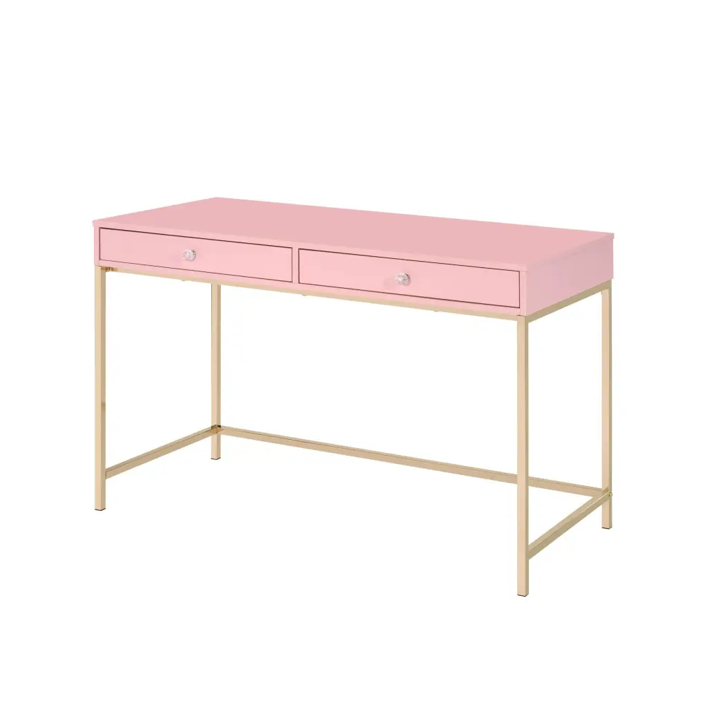 Pink High Gloss And Gold 2 Drawer Writing Desk Home Office furniture max