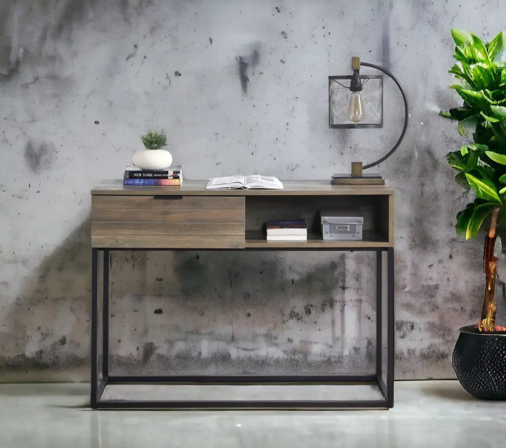 Rustic Oak and Black Writing Desk Drawer and Shelf Home Office furniture max