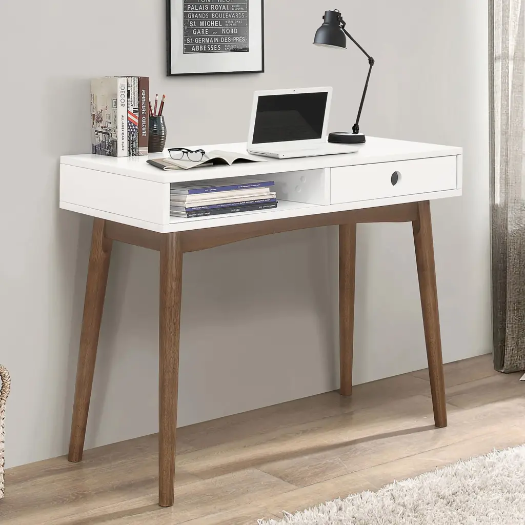 White And Walnut 1 Drawer Writing Desk White Writing Desk Office Mid furniture max
