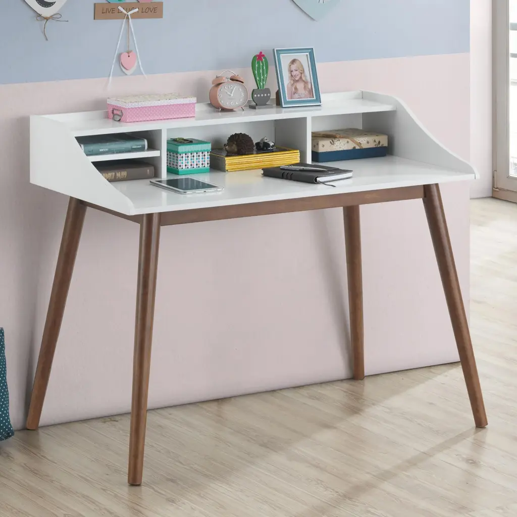 White and Walnut Writing Desk Tapered Legs Modern Office Desk furniture max