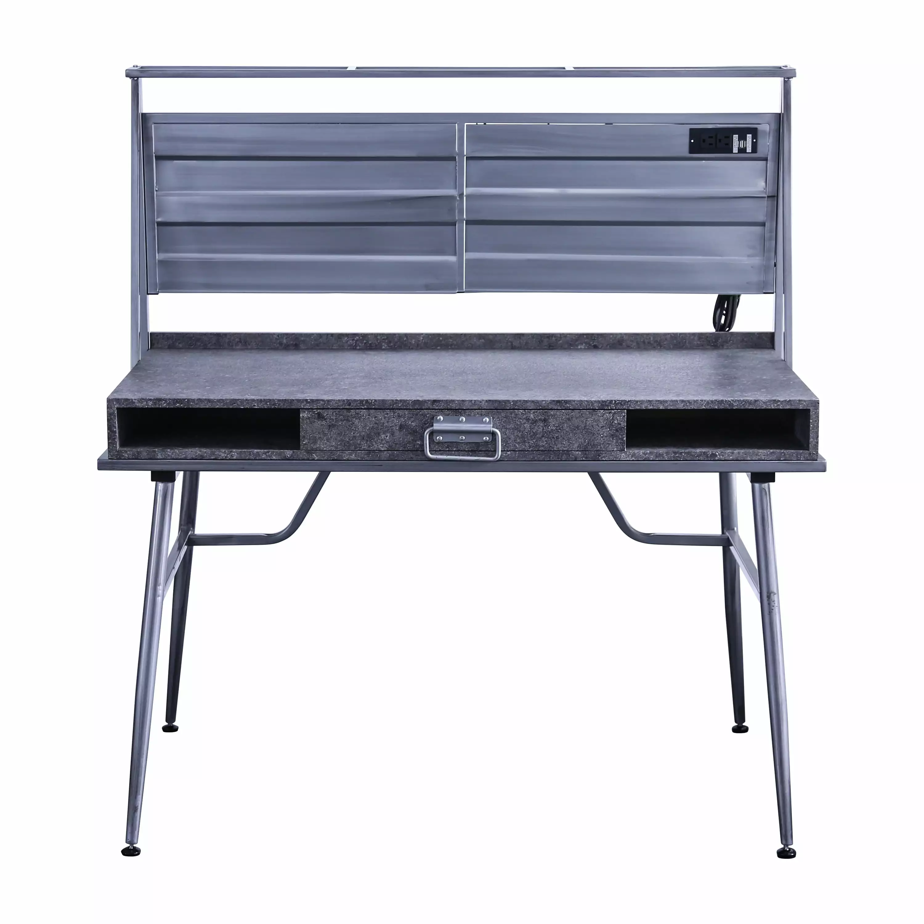 Furniture America Jairo Industrial Metal Writing Desk USB Outlet Silver Finish