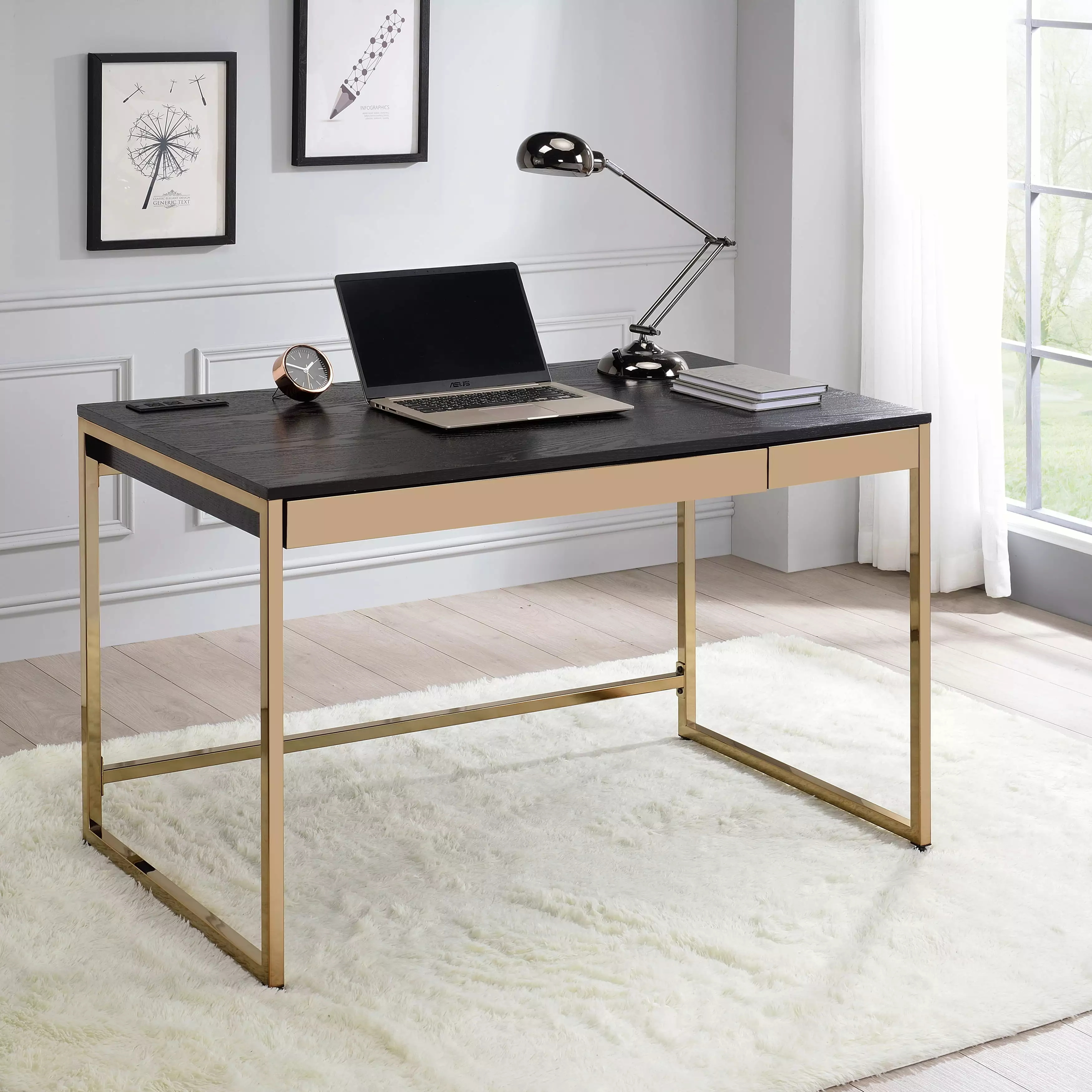 Furniture America Writing Desk USB Outlet Black and Copper Modern Office Desk