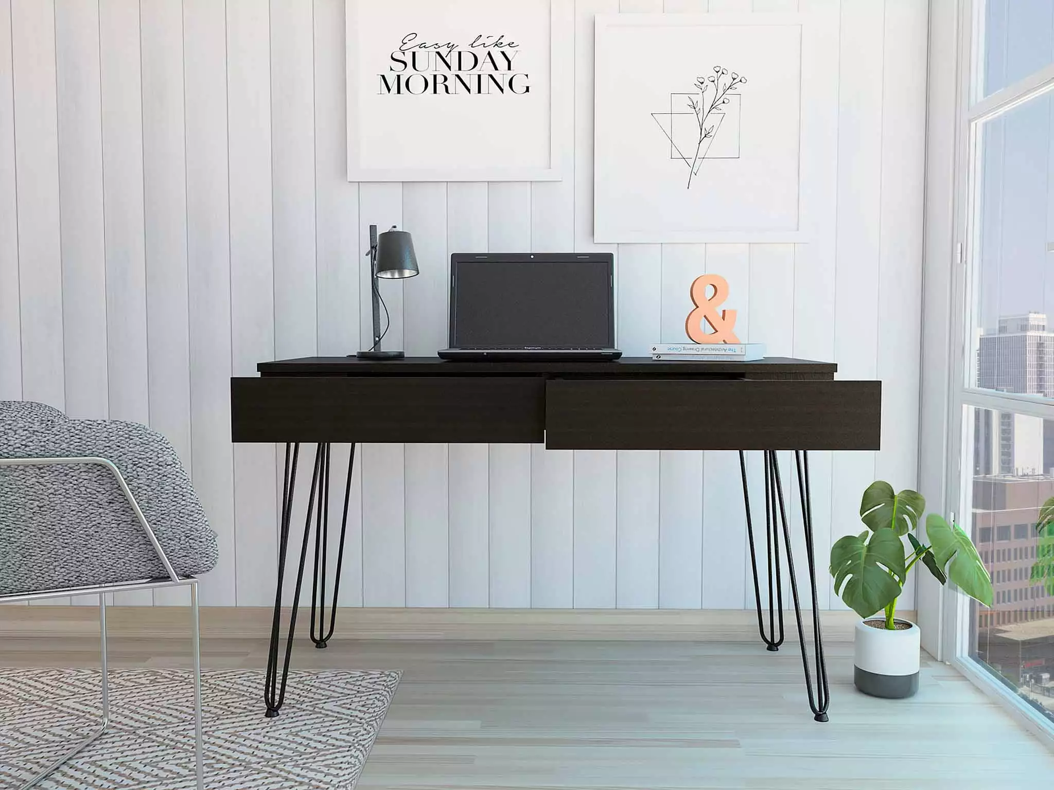 GeeHome Canton 2-Drawer Writing Desk Hairpin Legs Black Minimalist Home Office Desk