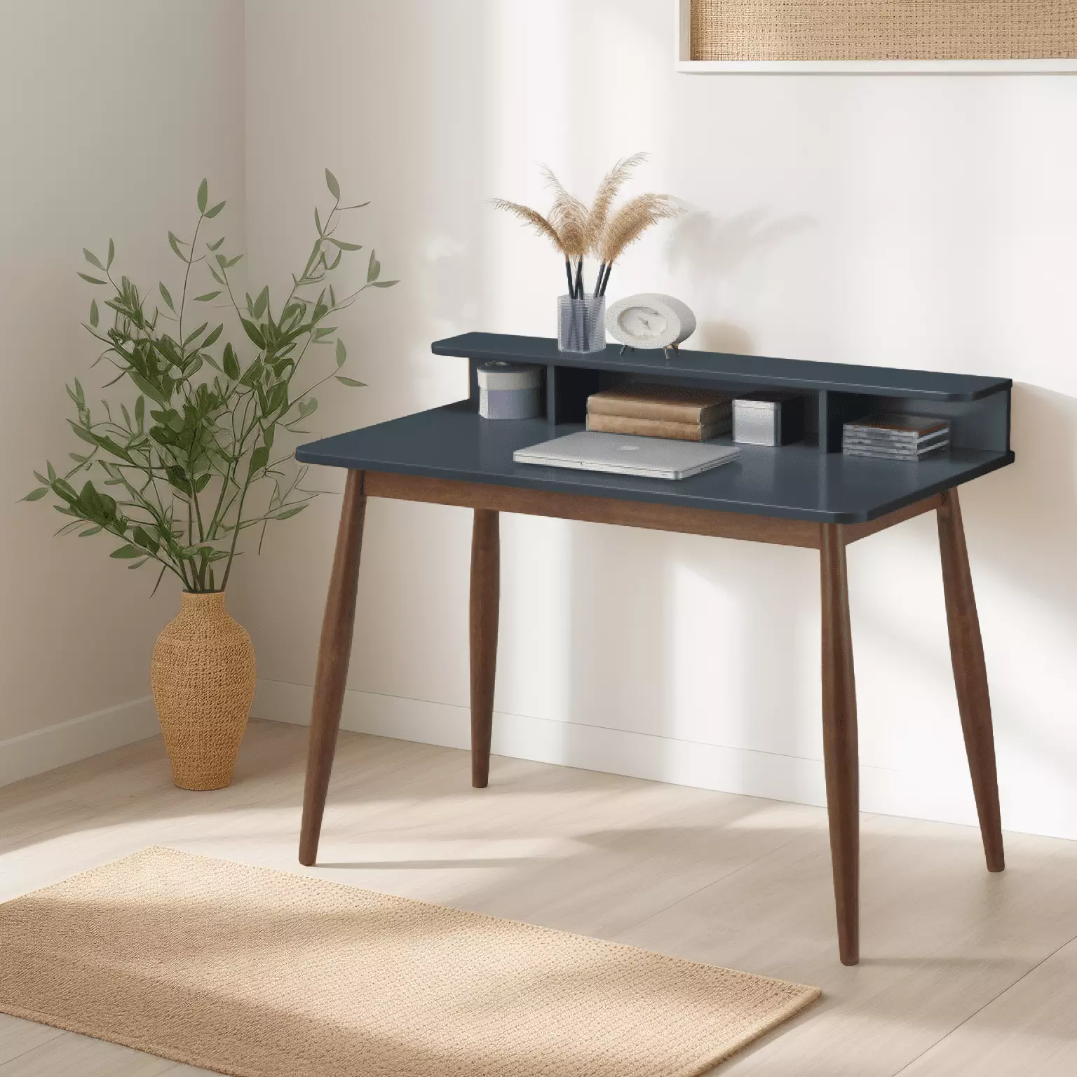 GeeHome Grey Roskilde Mid Century Modern Wood Writing Desk Hutch Office