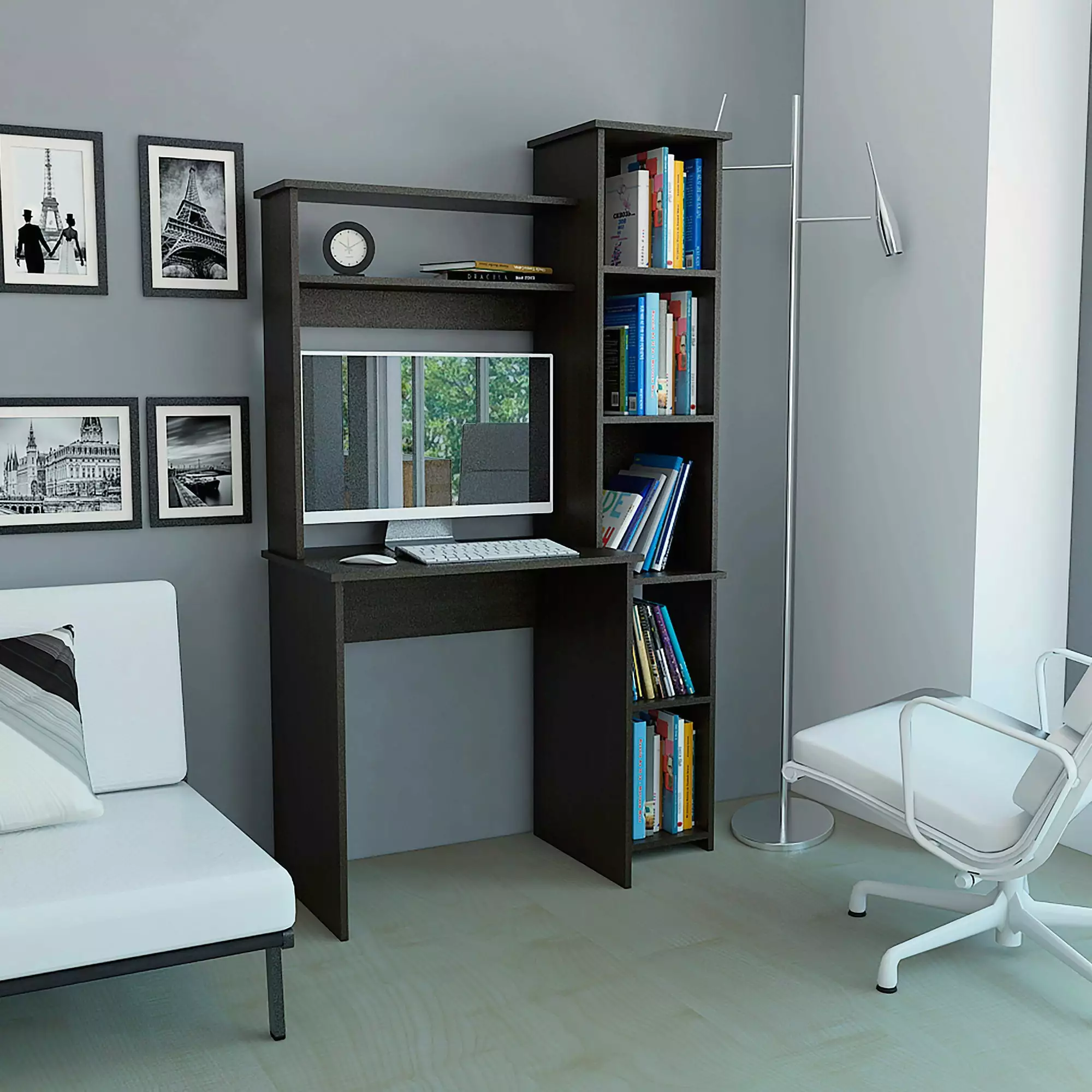 GeeHome Nashville Writing Desk Six Shelves Rustic Home Office Desk