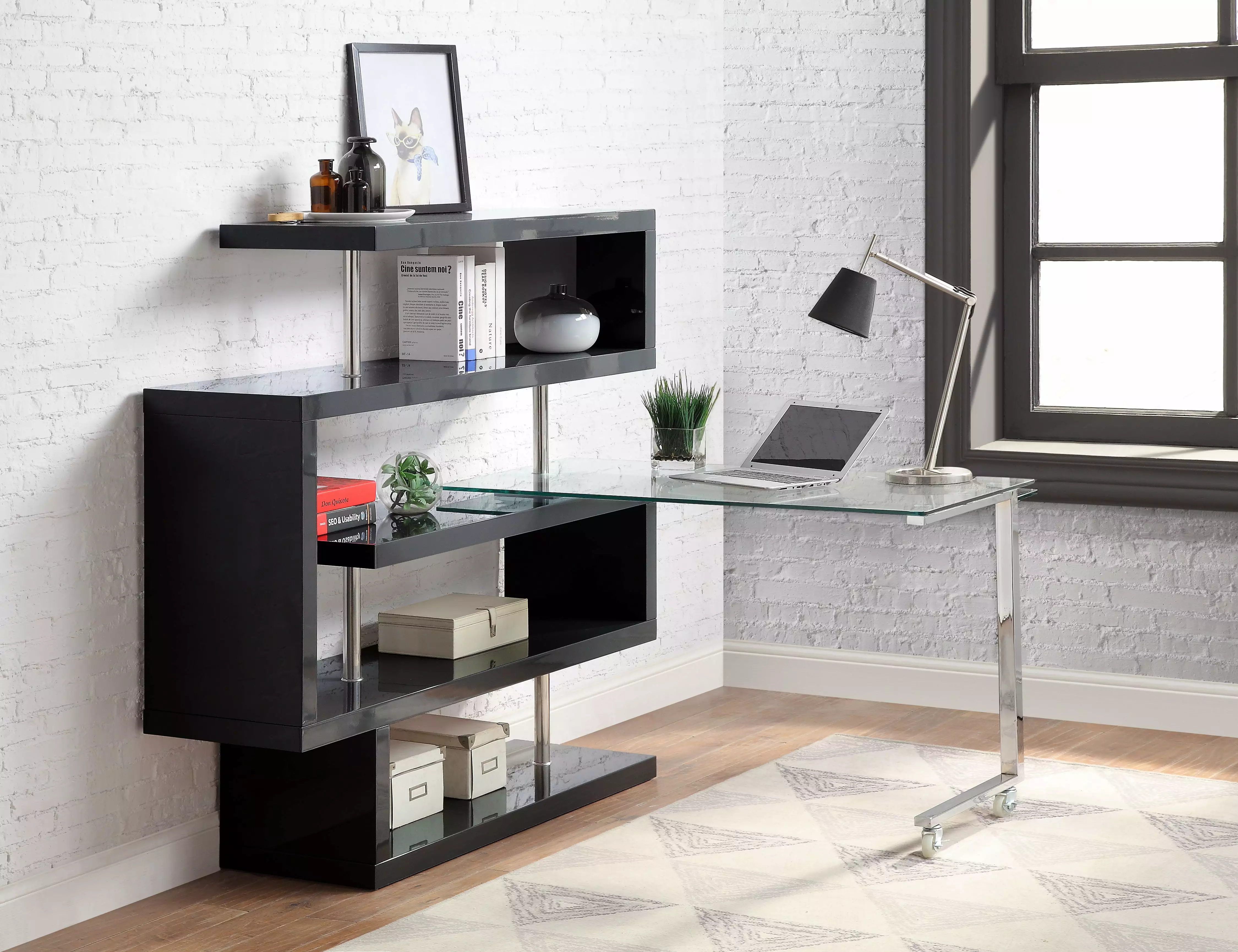 GeeHome Raceloma Writing Desk Shelf Clear Glass Black Chrome Finish 93177 Modern Office Desk