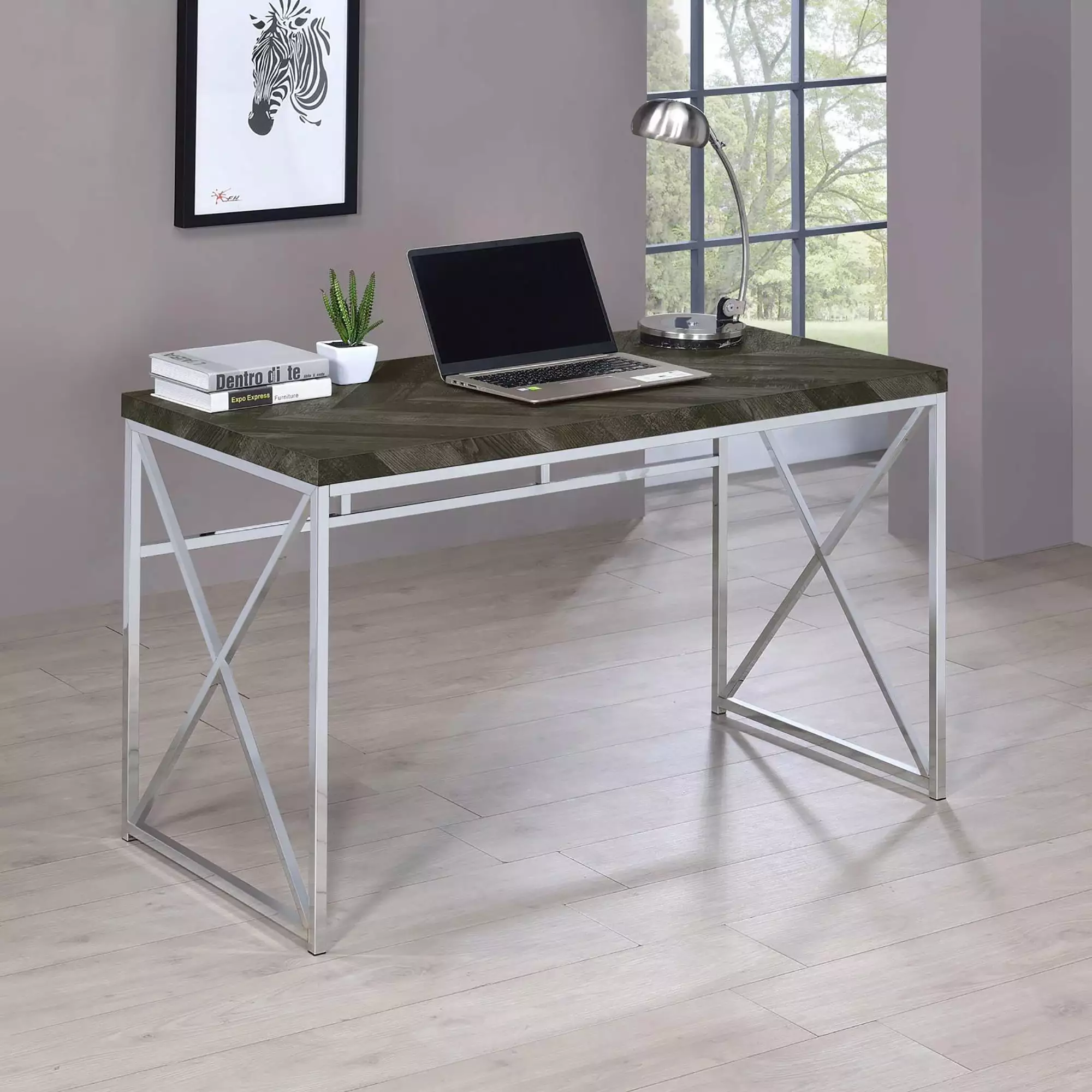 GeeHome Rustic Grey Herringbone and Chrome Writing Desk Modern Home Office