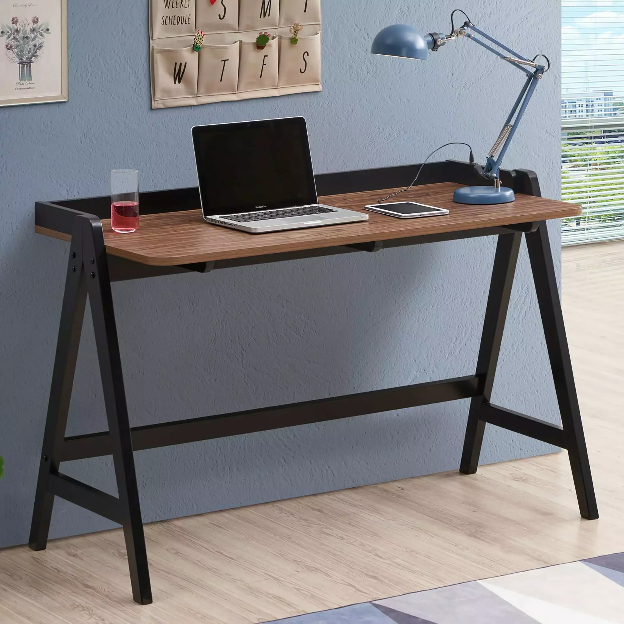 GeeHome Walnut and Black Writing Desk USB Ports Modern Home Office
