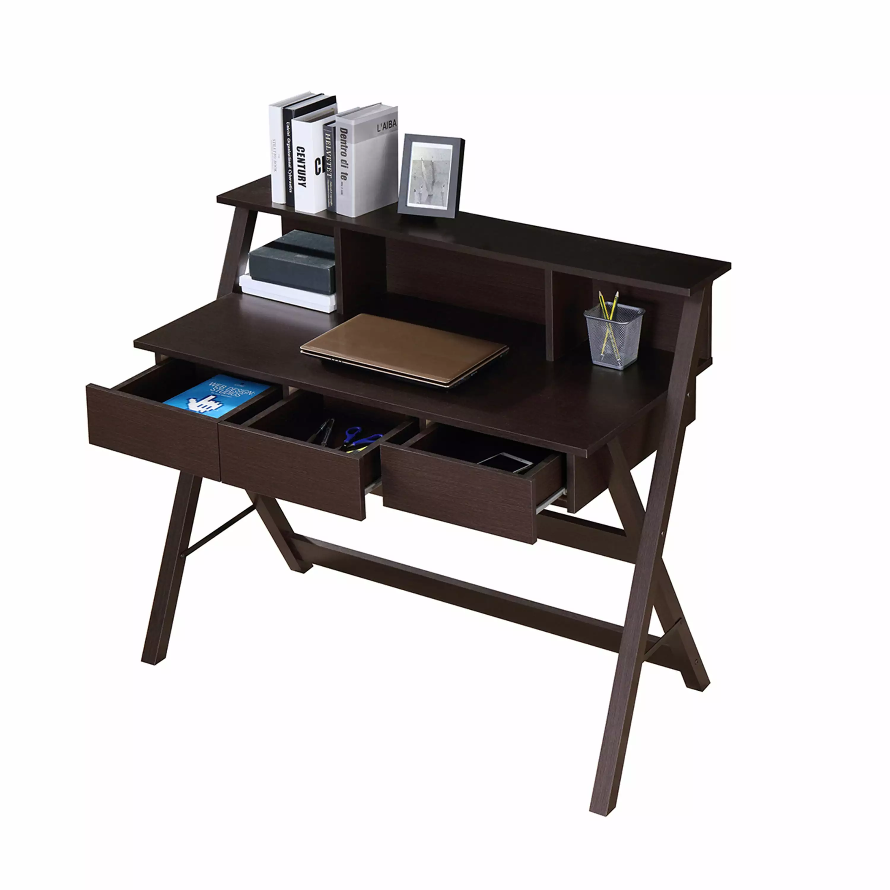 GIA Design Group Writing Desk Storage Computer Desk 3 Drawers Hutch Brown