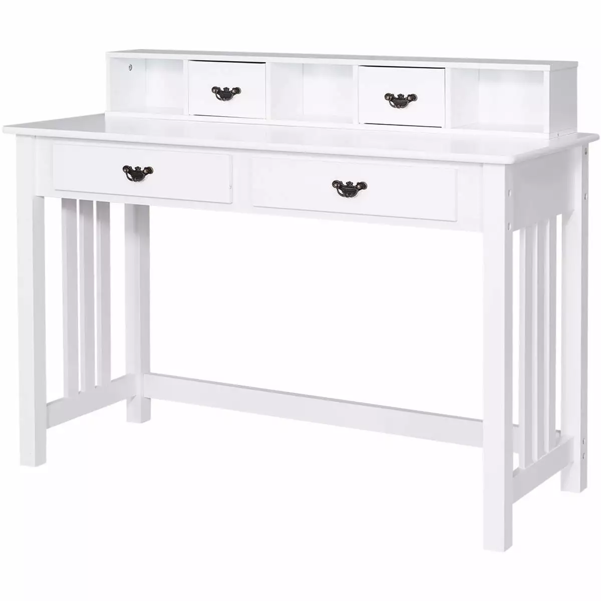 Gymax Writing Desk Drawers and Removable Hutch - Solid Wood Legs Concise Style Office Desk