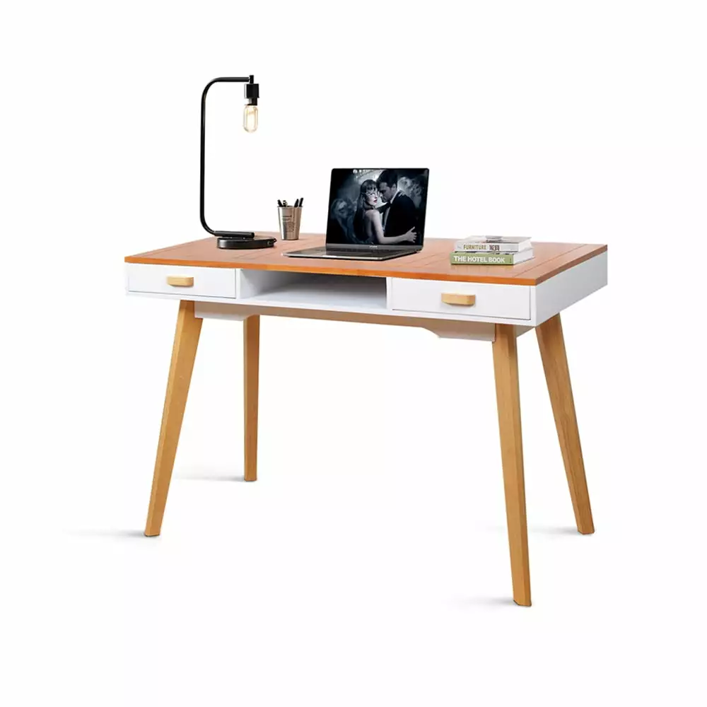 Hassch Modern Solid Wood Writing Desk Home Office Workbench Desk 2 Drawers Natural and White