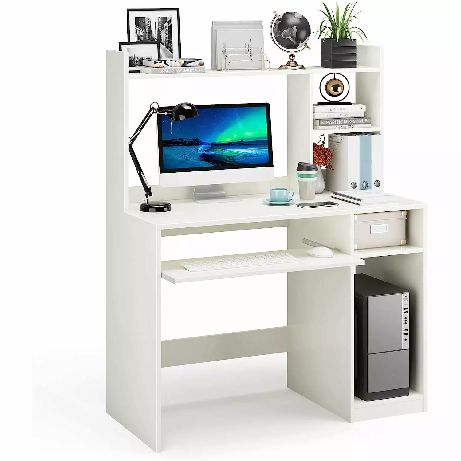 HElectQRIN White Computer Desk Storage Shelf Wooden Writing Desk Hutch