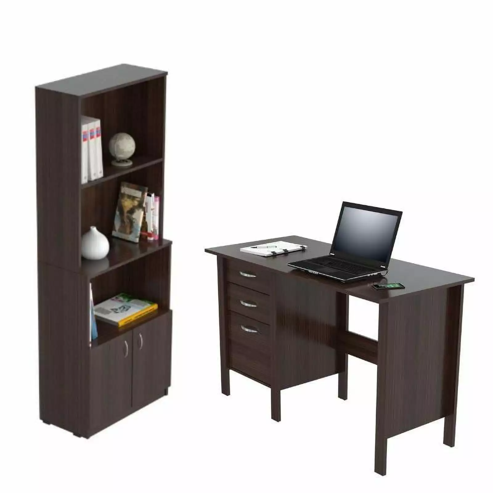 Home Square 2-Piece Set Writing Desk Three Drawers & 3 Shelf Bookcase Small Office
