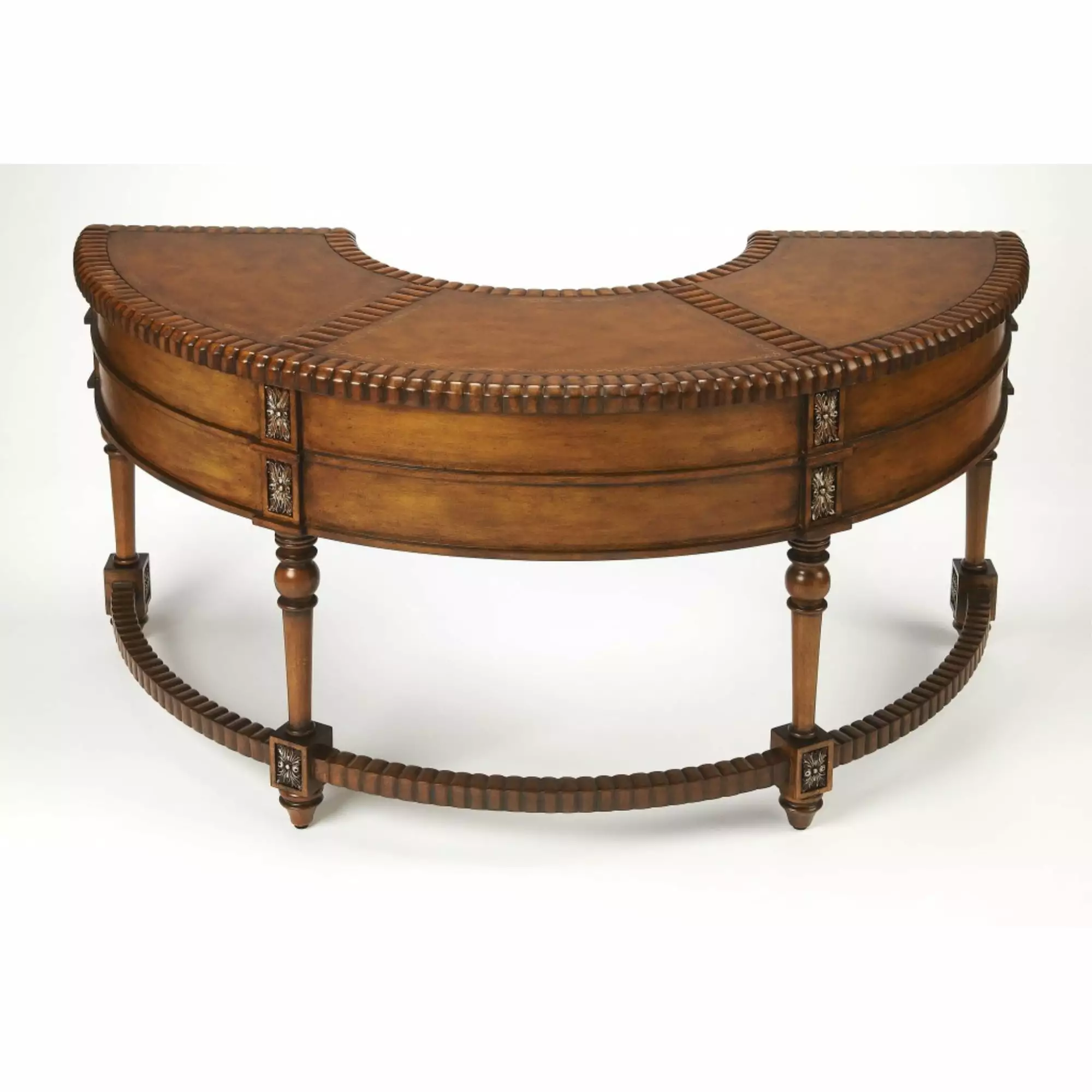 HomeRoots 383202 Crescent Shape Brown Hand Carved Desk Drawers Vintage Office Desk