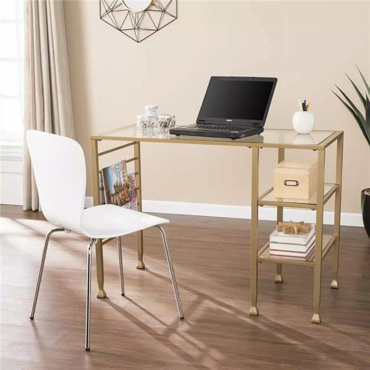 HomeRoots 402040 Matt Gold and Glass Writing Desk Modern Design