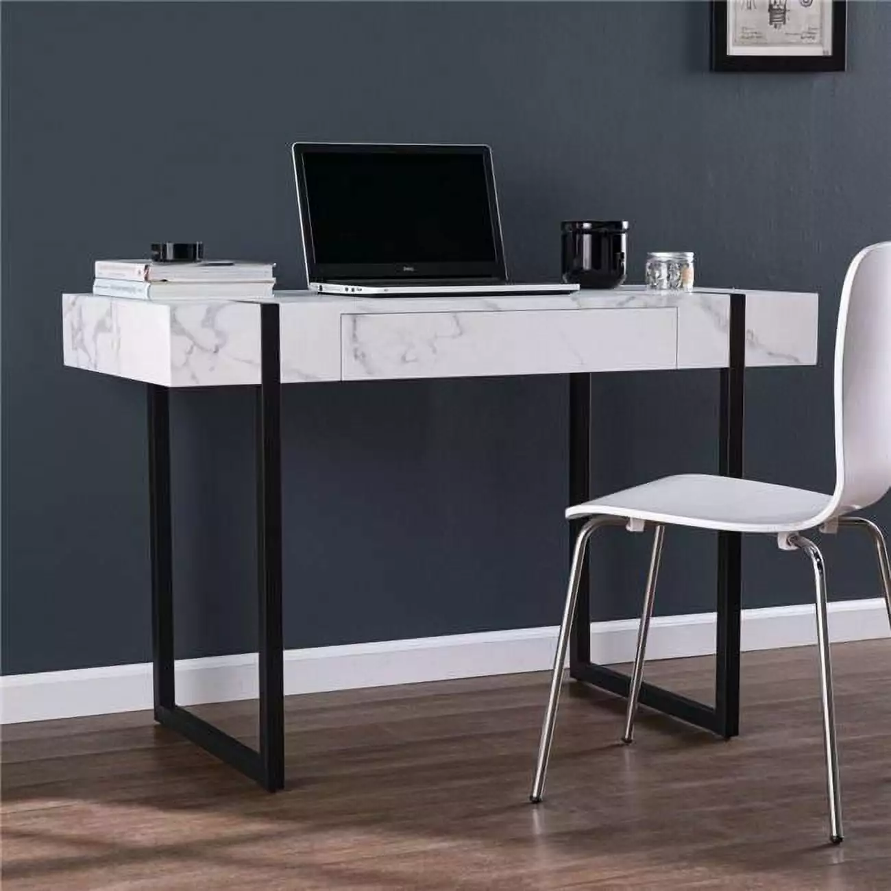 HomeRoots 402055 White Faux Marble Topped Desk - Elegant Writing Desk