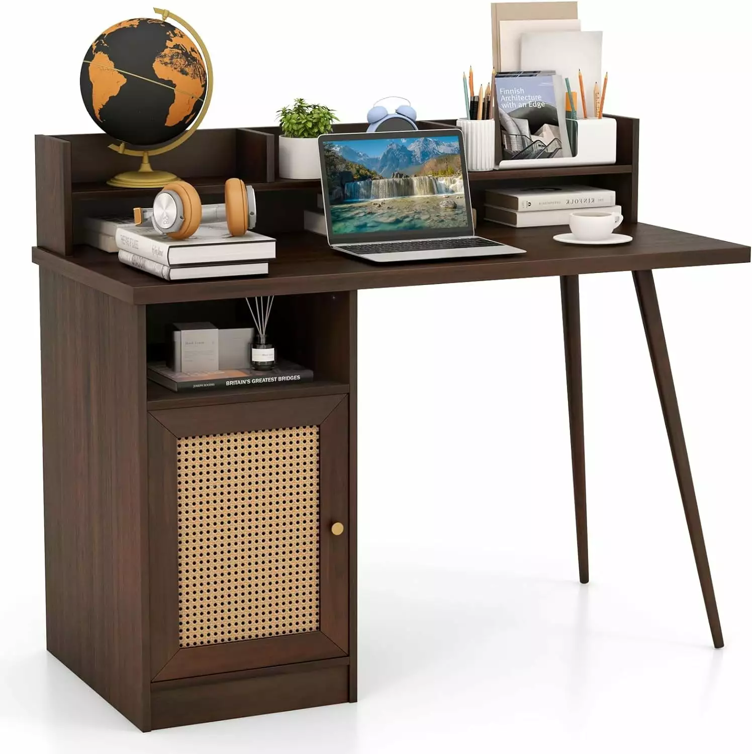 YiSHOP Mid Century Desk Hutch 48 Inch Writing Study Desk PE Rattan Storage Cabinet Brown Homezy