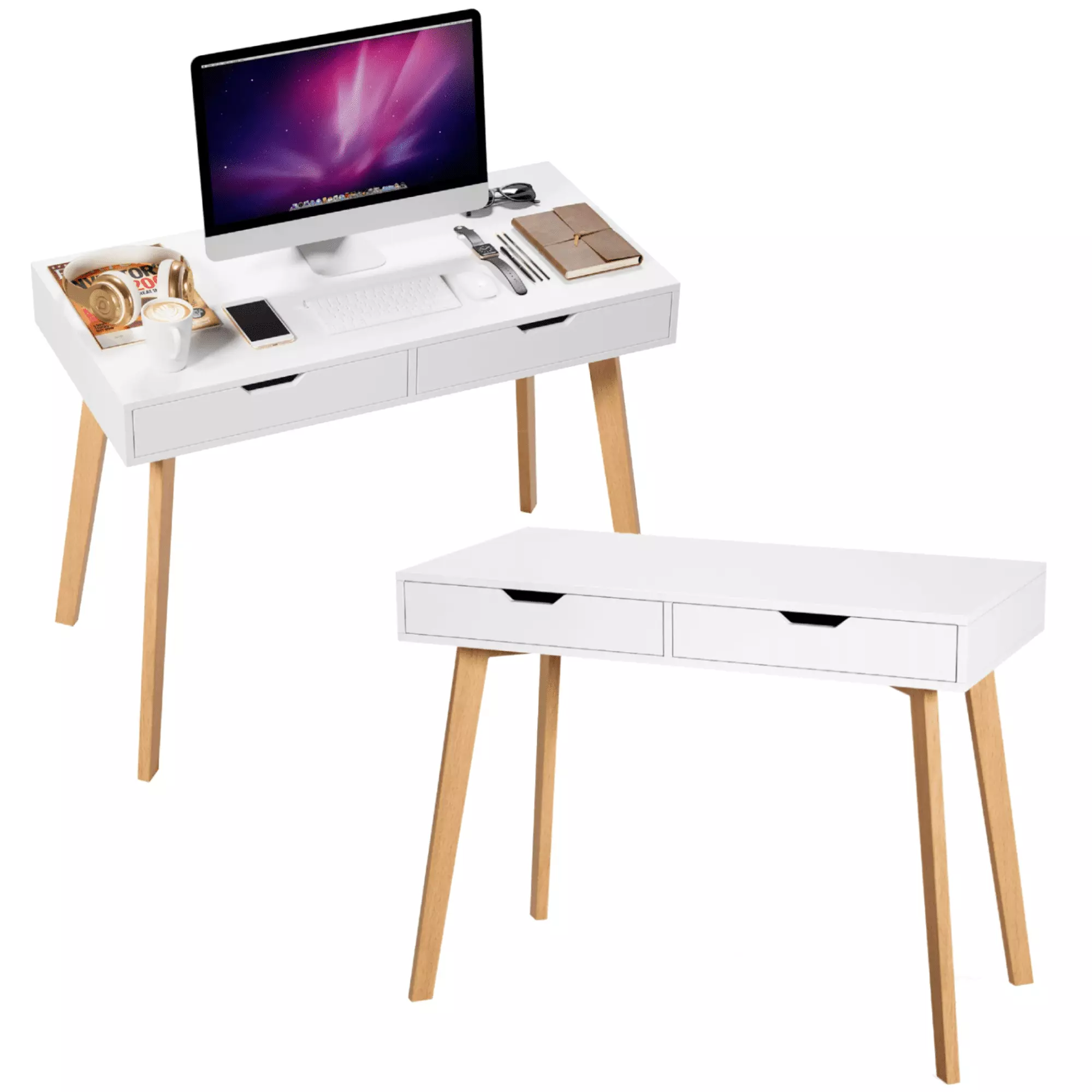 Homfa 2 Drawers White Desk Small Writing Table Laptop Desk Oak Legs Home Office