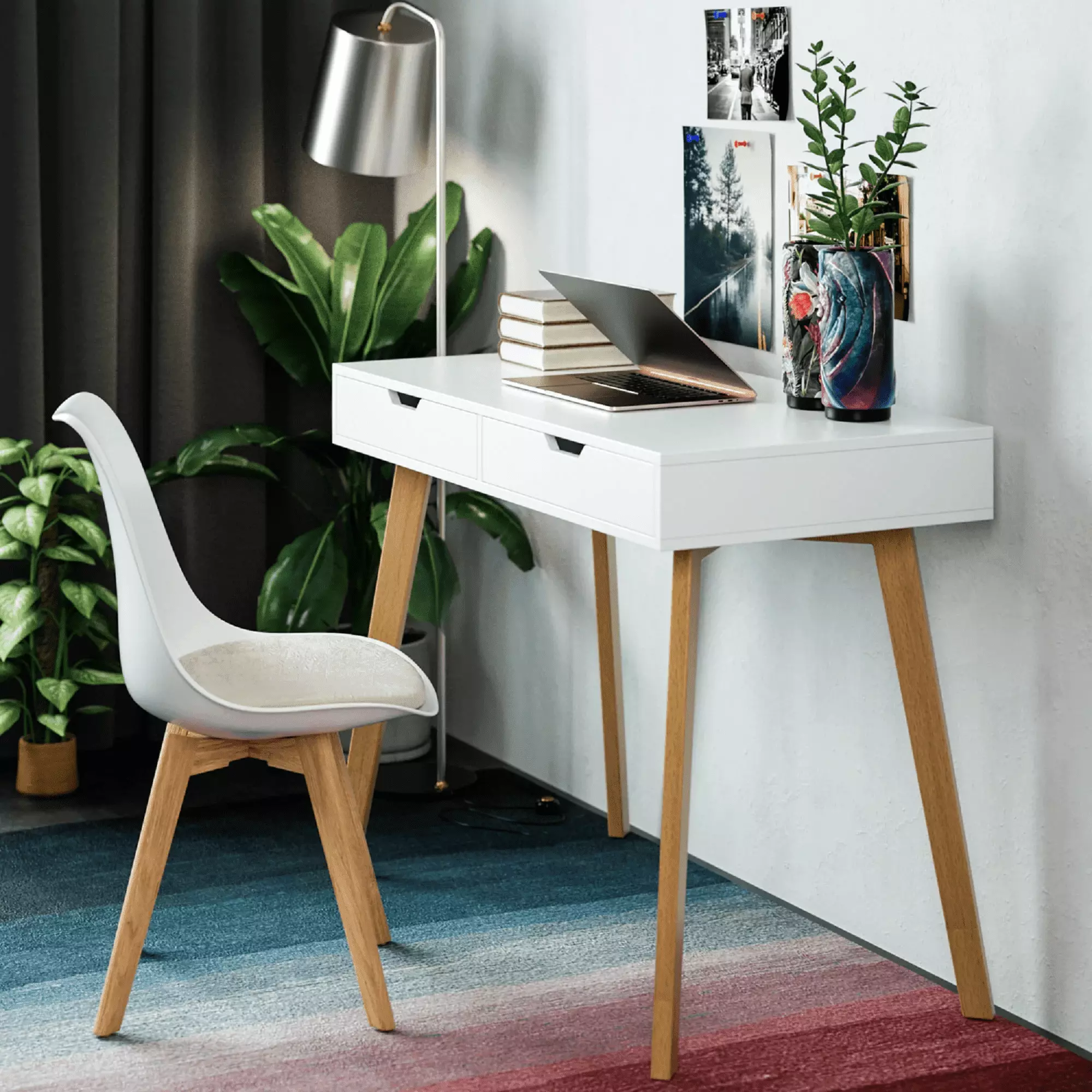 Homfa 2 Drawers White Desk Small Writing Table Oak Legs Home Office
