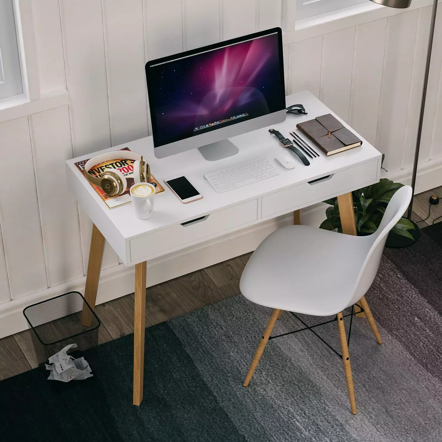 Homfa 2 Drawers White Desk Writing Desk Oak Legs Home Study Office