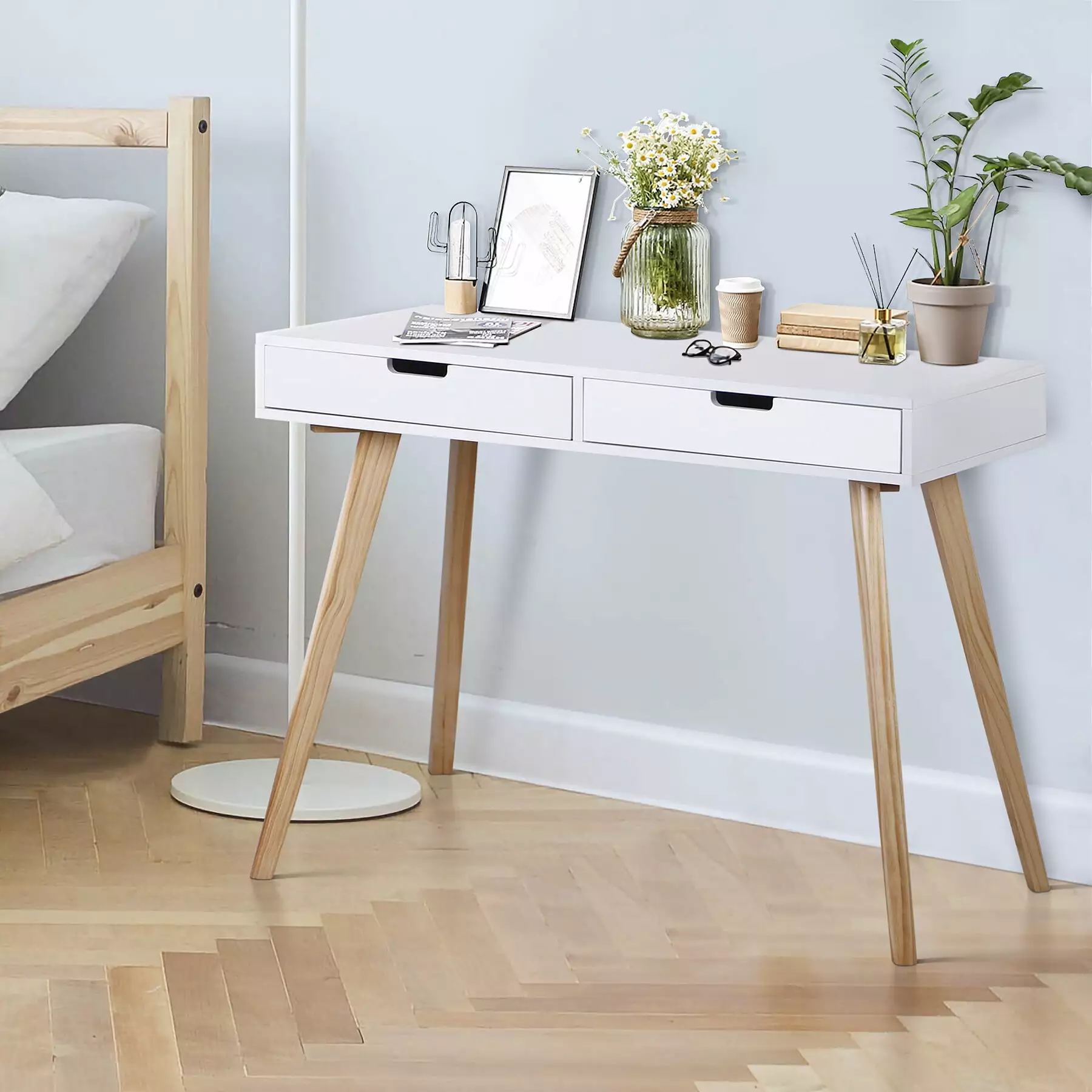 HomGarden 39 Inch Modern White Writing Computer Desk 2 Drawers