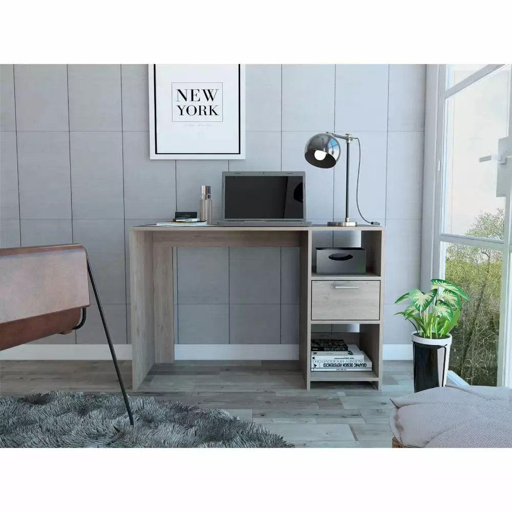 Homiyad 2-Shelf 1-Drawer Writing Desk Light Gray Compact Office Desk