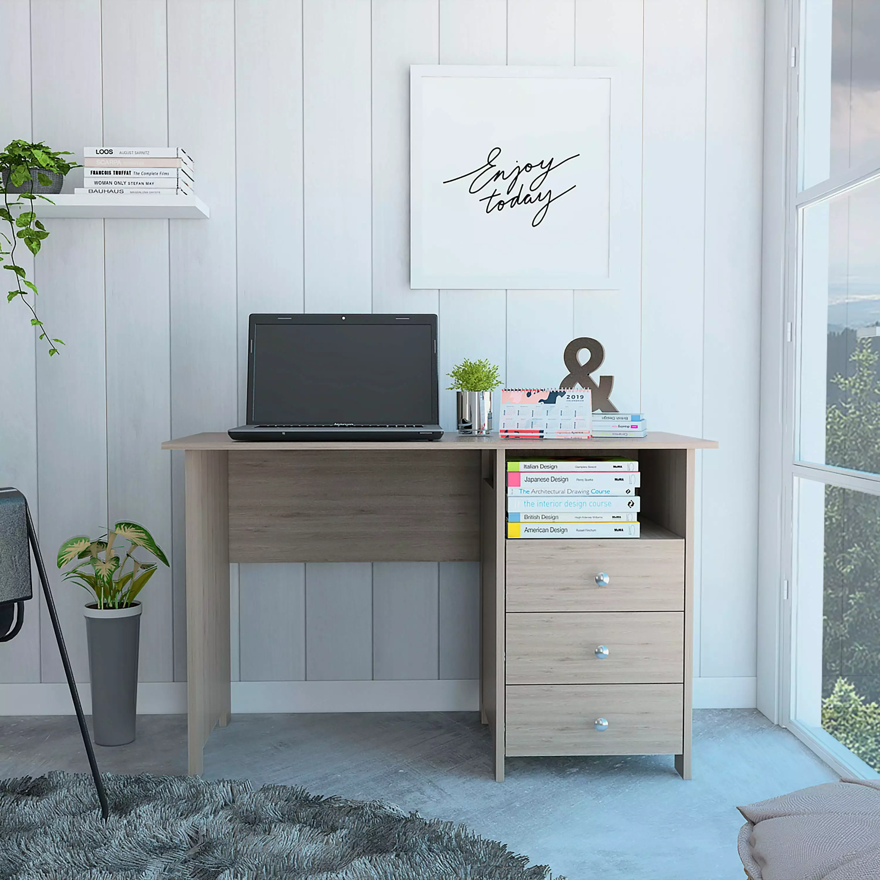Homiyad 3-Drawer Writing Desk Open Compartment Light Gray Compact Workspace