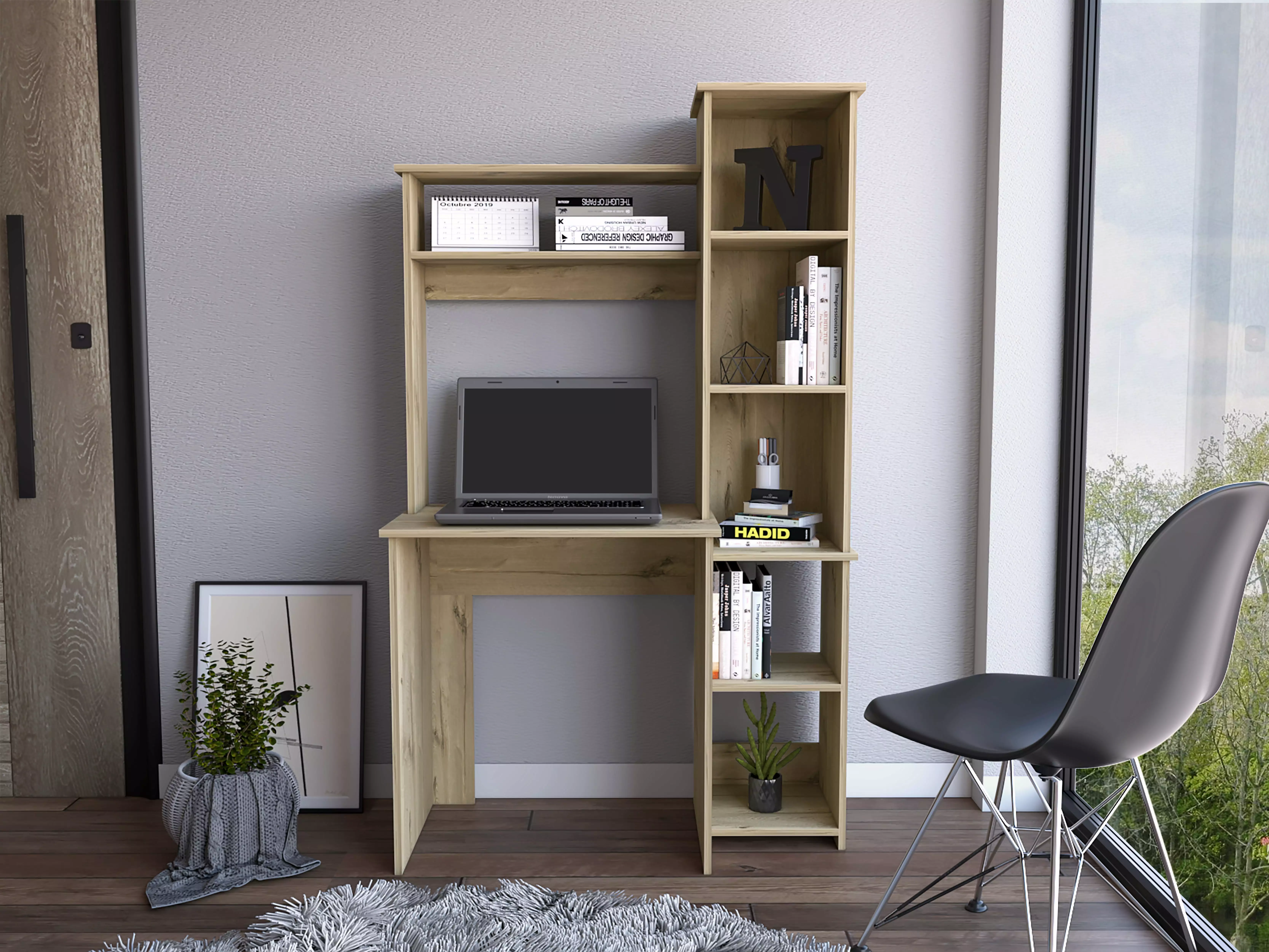 Homiyad 6-Shelf Writing Desk Built- Bookcase Light Oak Study Room