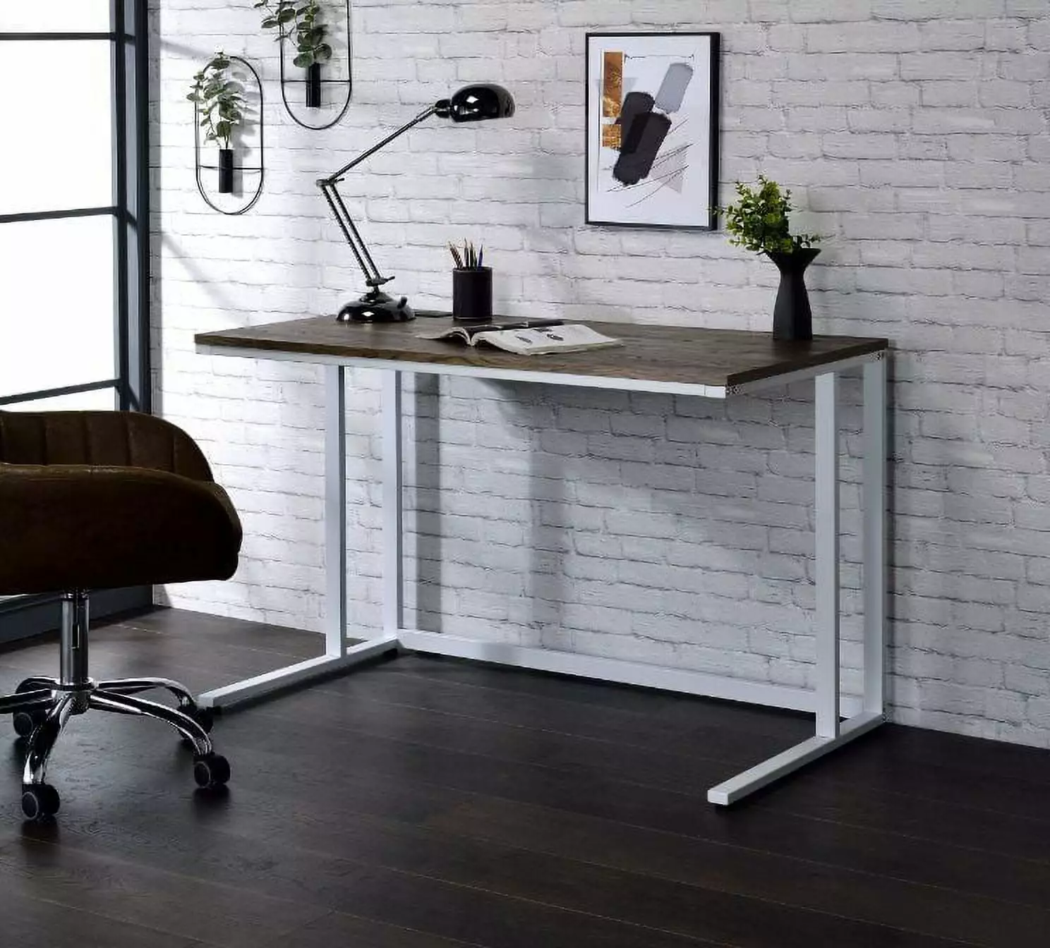 Homiyad Built- USB Port Writing Desk - Walnut & White Finish Modern Office Desk