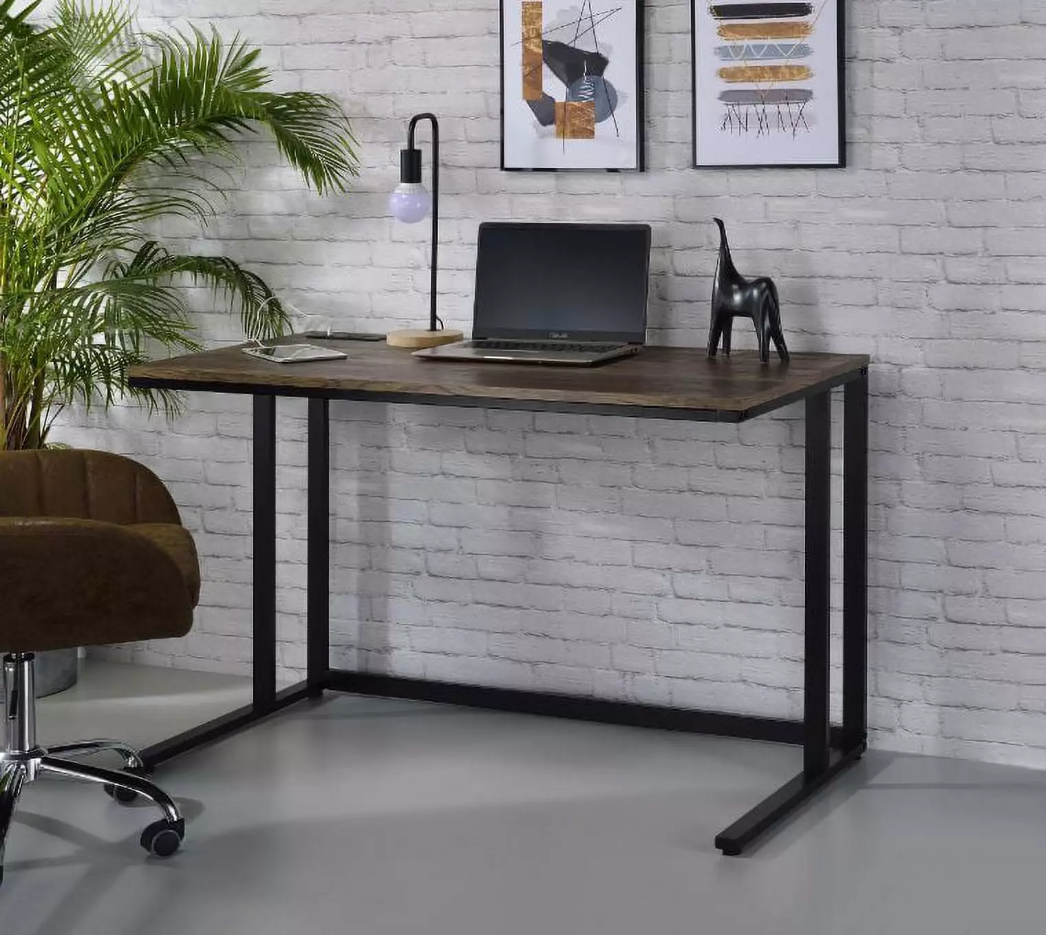 Homiyad Built- USB Port Writing Desk - Walnut & Black Finish Modern Office Desk