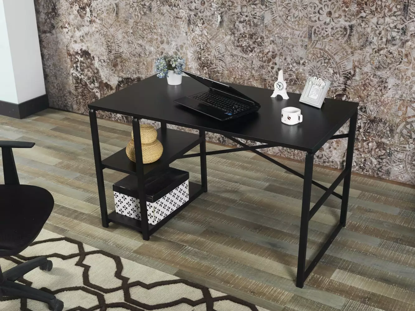 Homiyad 47 Inch Black Wood Top Black Metal Frame Writing Desk 2 Shelves
