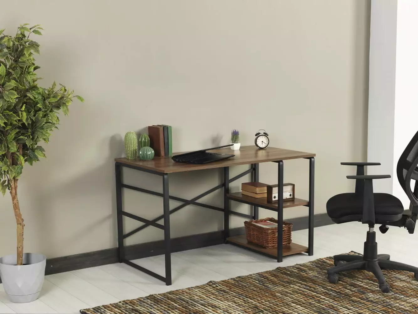 Homiyad 47 Inch Walnut Wood Top Black Metal Frame Writing Desk 2 Shelves